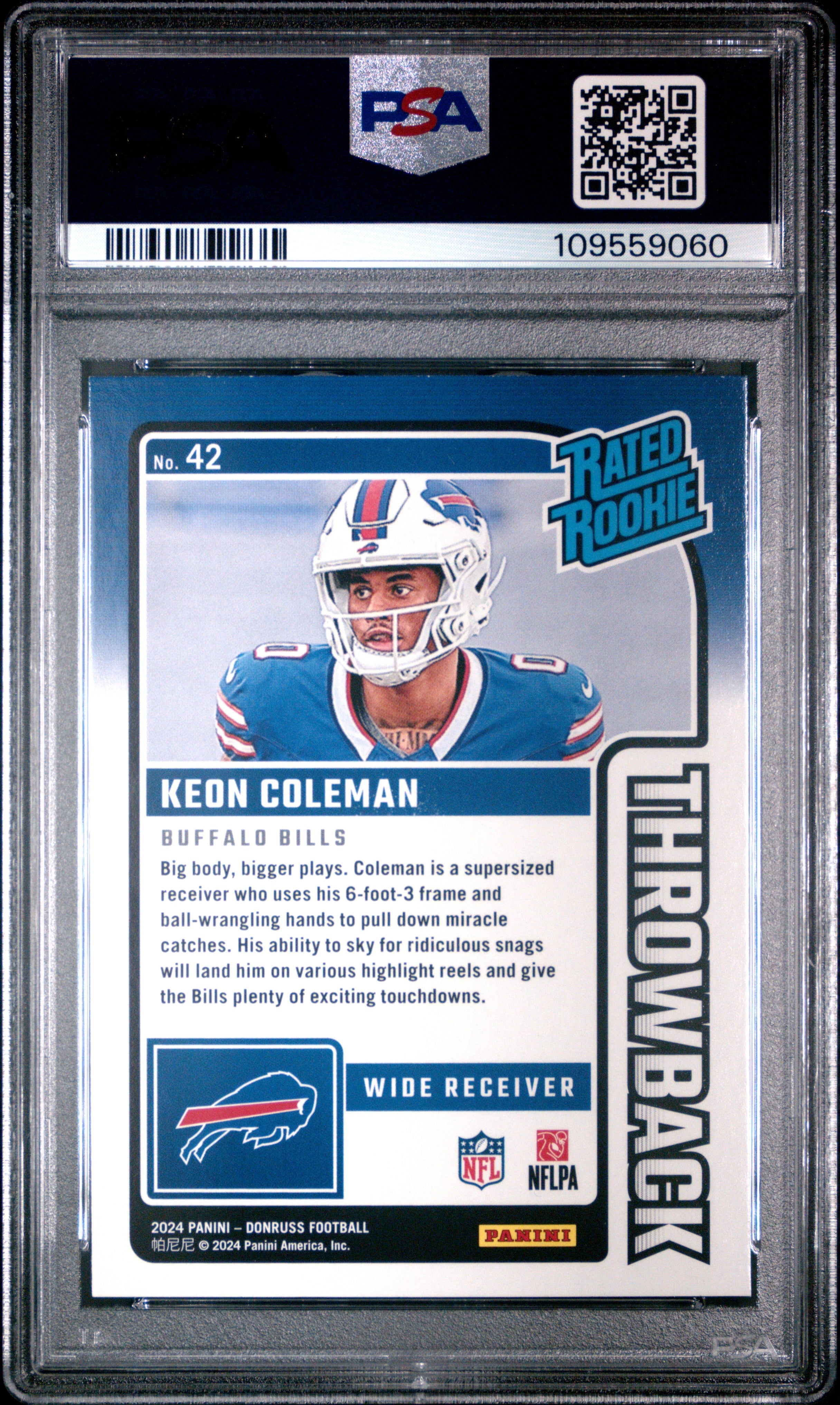 Graded 2024 Panini Donruss Keon Coleman #42 Rated Rookies Throwback Rookie RC Football Card PSA 10 Gem Mint