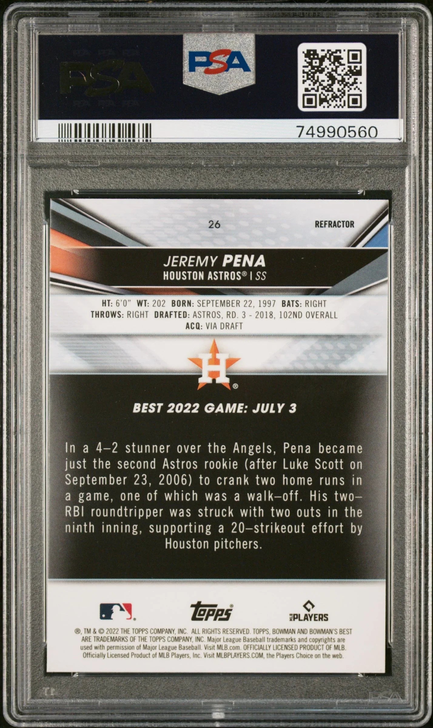Graded 2022 Topps Bowmans Best Jeremy Pena #26 Refractor Rookie RC Baseball Card PSA 10 Gem Mint