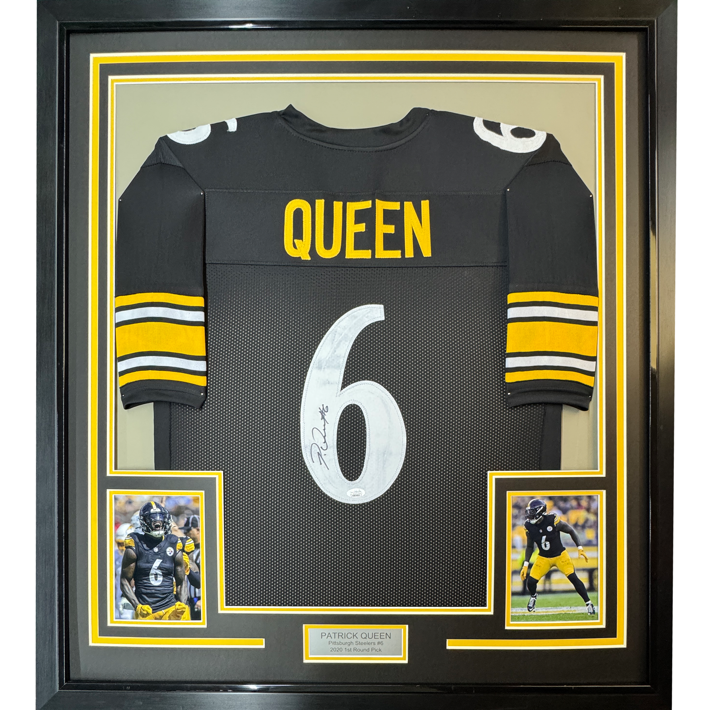 Framed Autographed/Signed Patrick Queen 35x39 Pittsburgh Black Football Jersey JSA COA