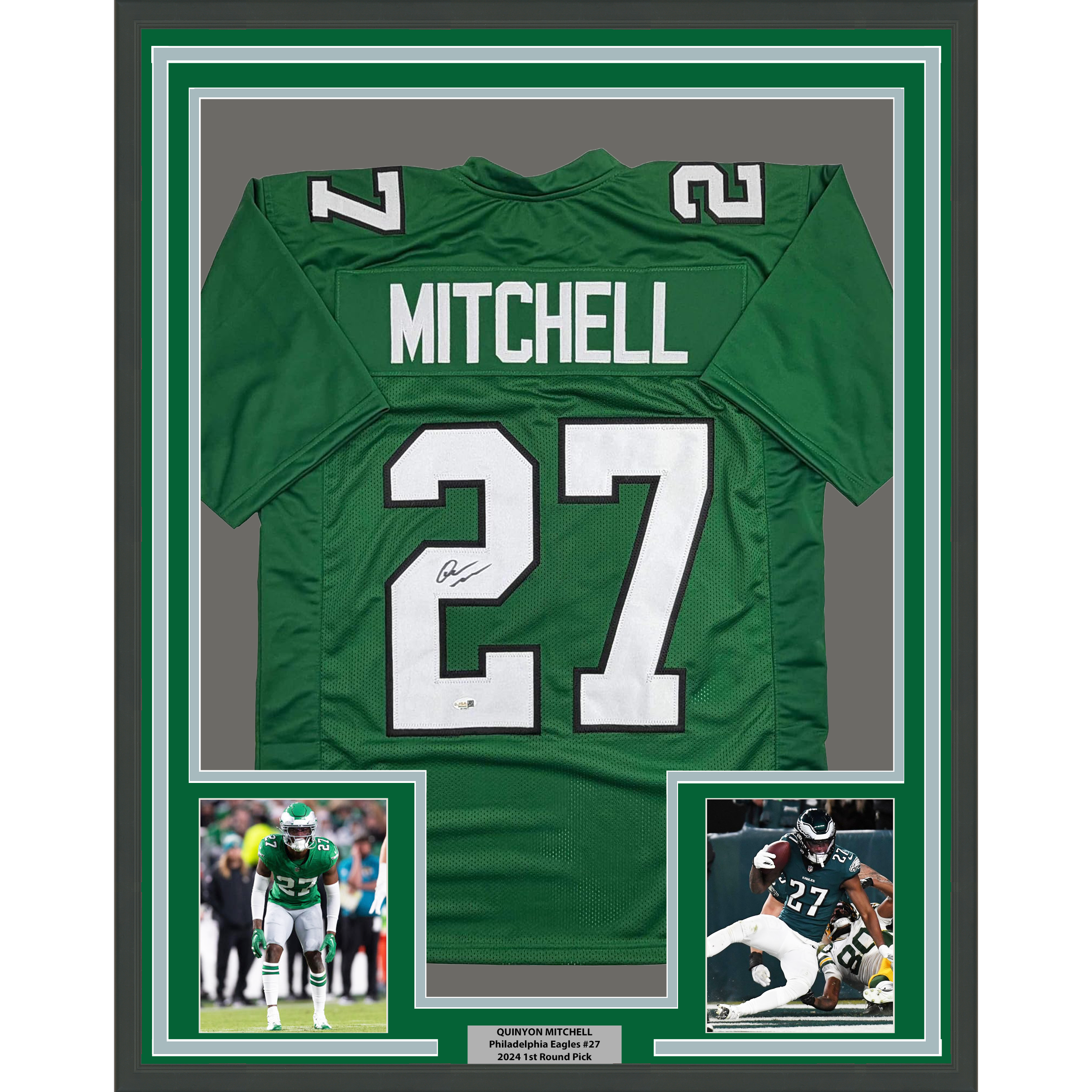 Framed Autographed/Signed Quinyon Mitchell 35x39 Philadelphia Kelly Green Football Jersey JSA COA