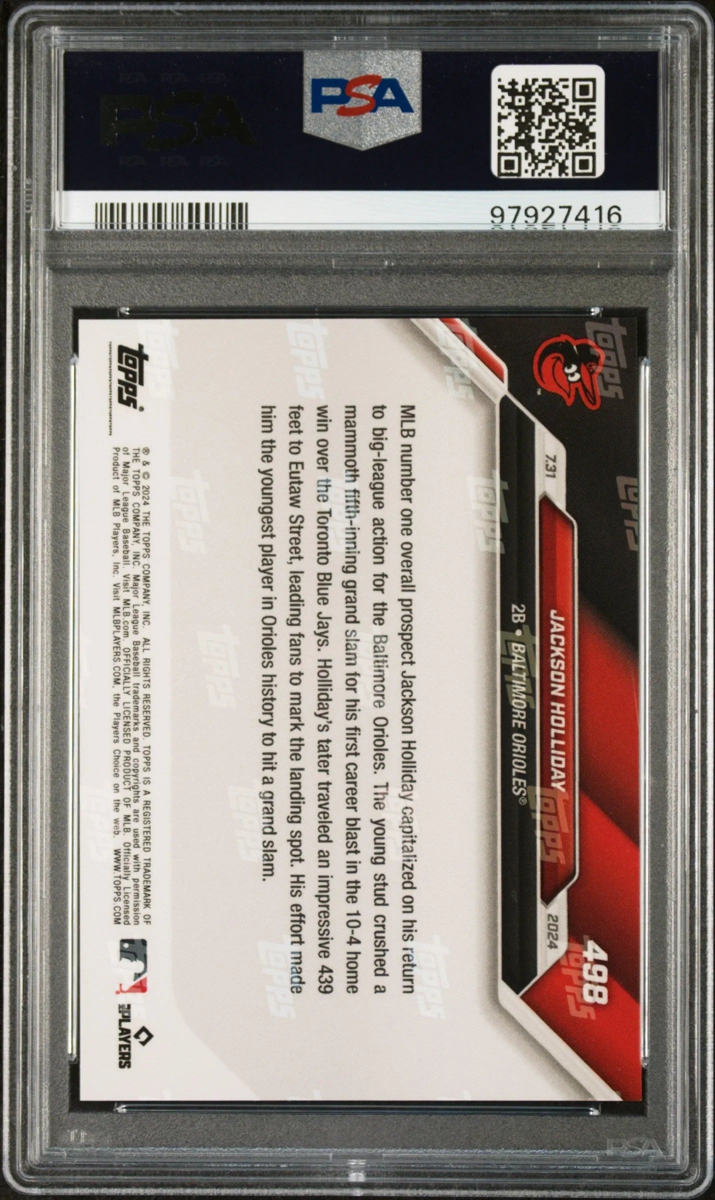 Graded 2024 Topps Now Jackson Holliday #498 1st MLB Home Run Rookie RC Baseball Card PSA 10 Gem Mint