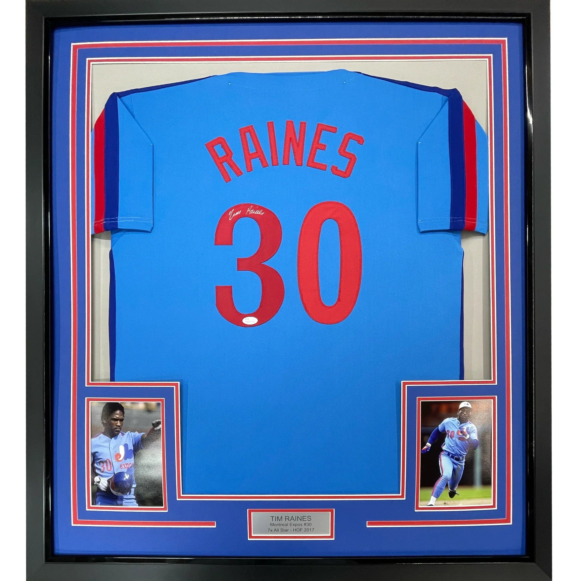 Framed Autographed/Signed Tim Raines 35x39 Montreal Blue Baseball Jersey JSA COA