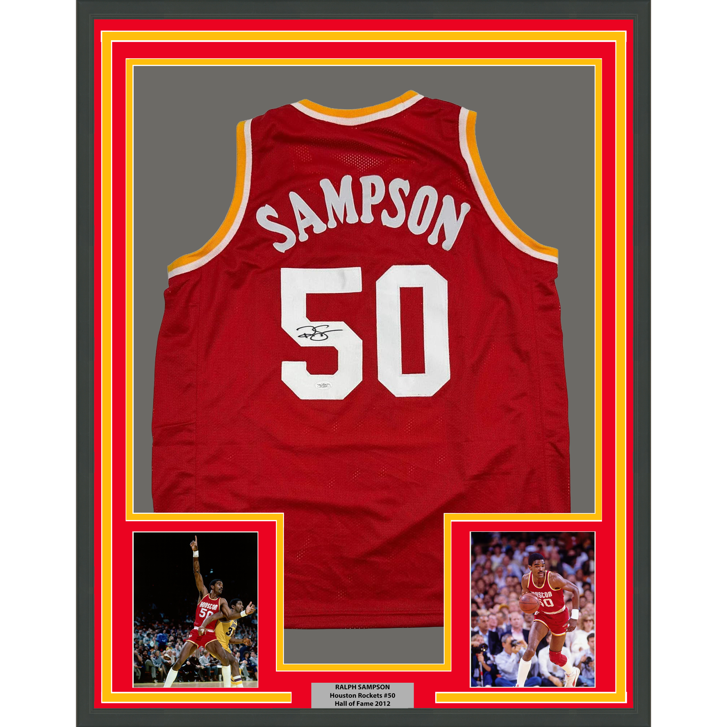 Framed Autographed/Signed Ralph Sampson 35x39 Houston Red Basketball Jersey JSA COA