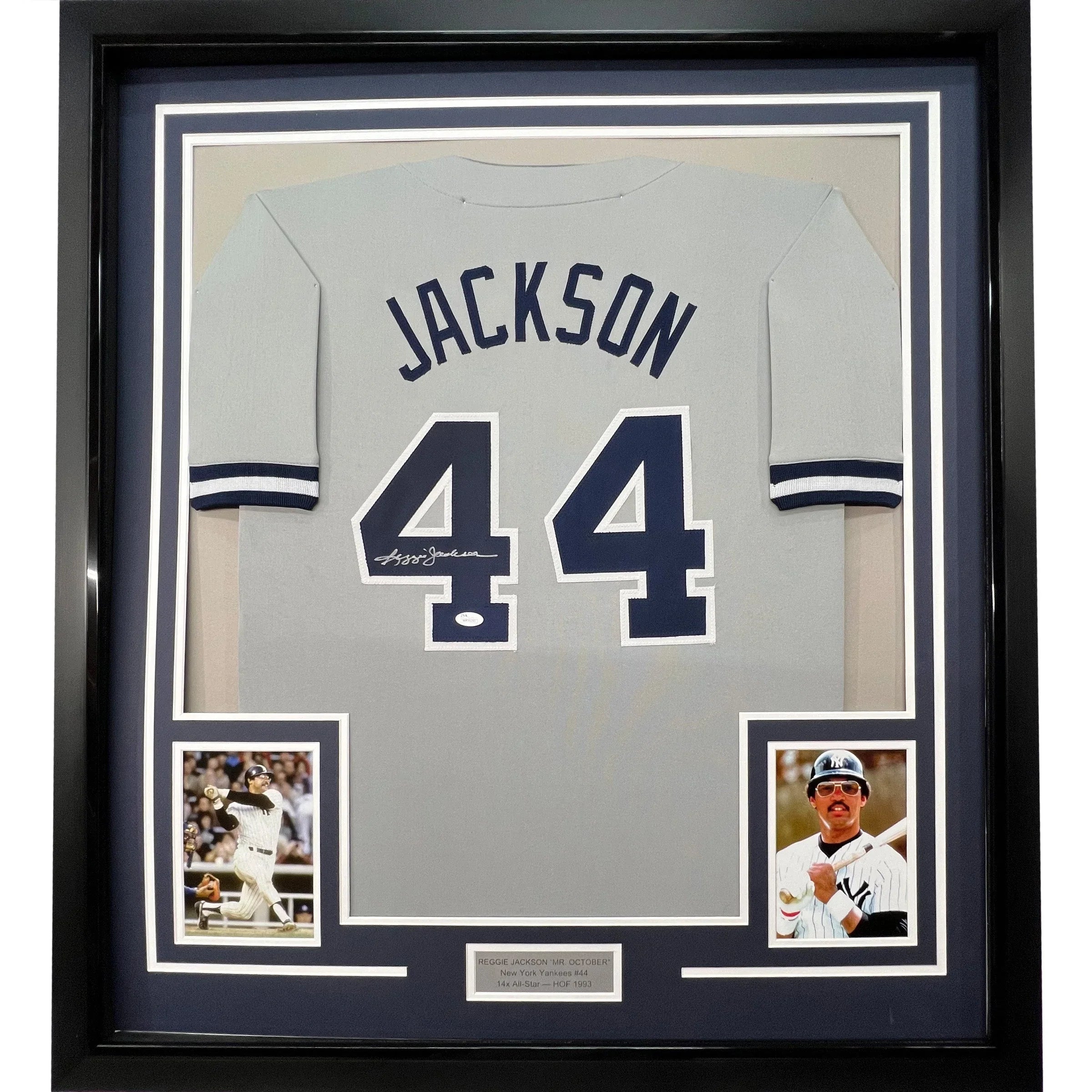 Framed Autographed/Signed Reggie Jackson 35x39 New York Grey Baseball Jersey JSA COA