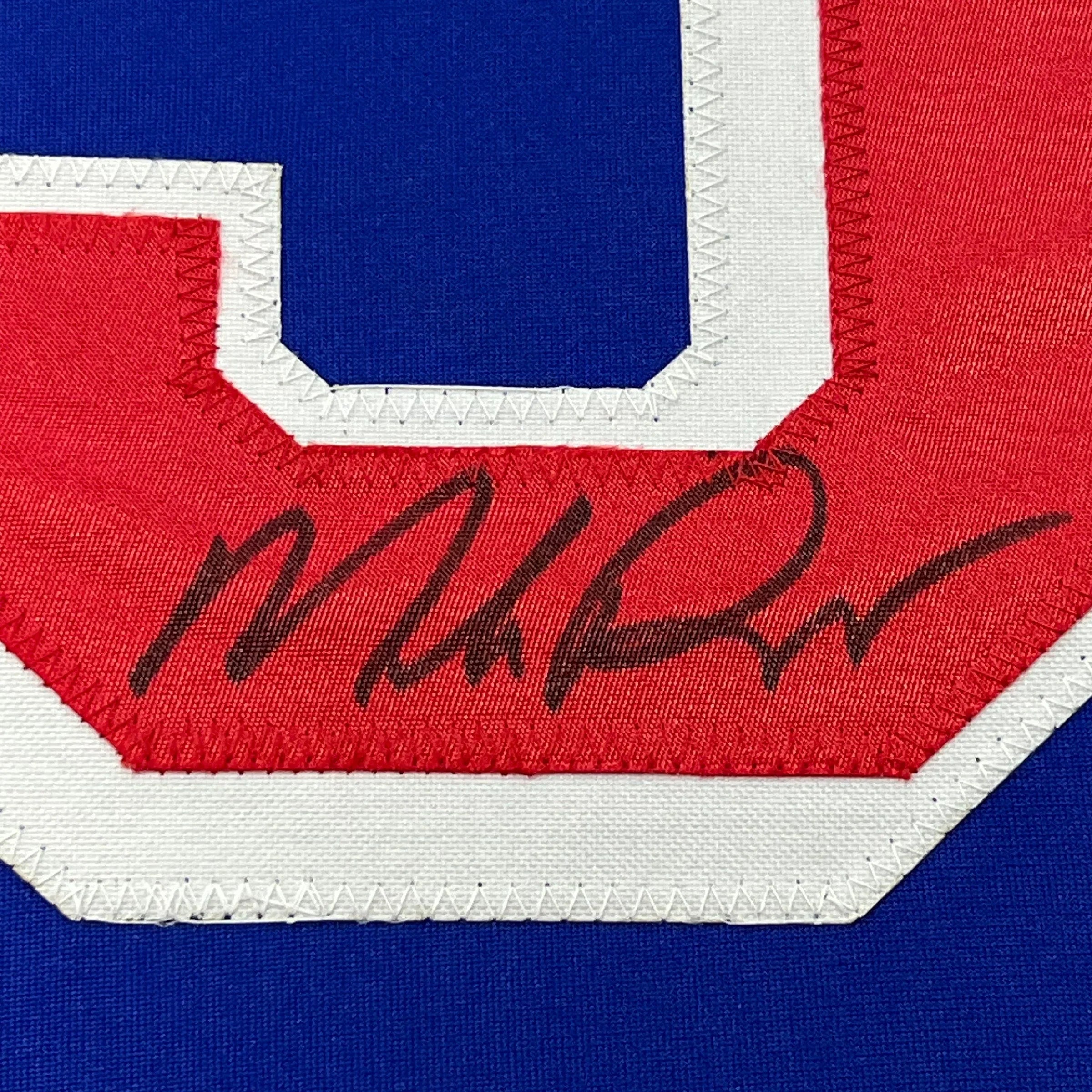 Framed Autographed/Signed Mike Richter 35x39 New York Blue Hockey Jersey PSA/DNA COA