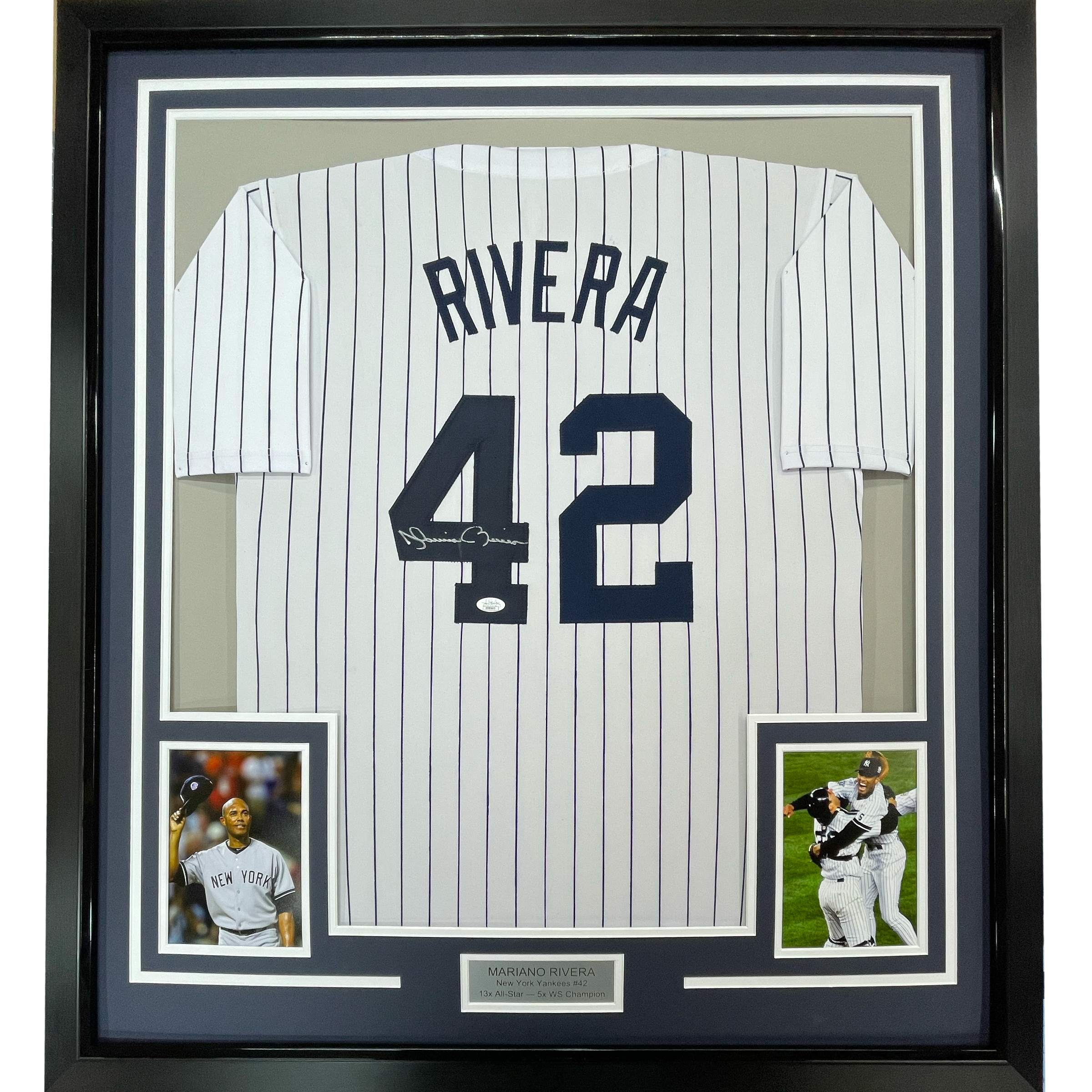 Framed Autographed/Signed Alex Rodriguez 35x39 New York Pinstripe Baseball Jersey JSA COA