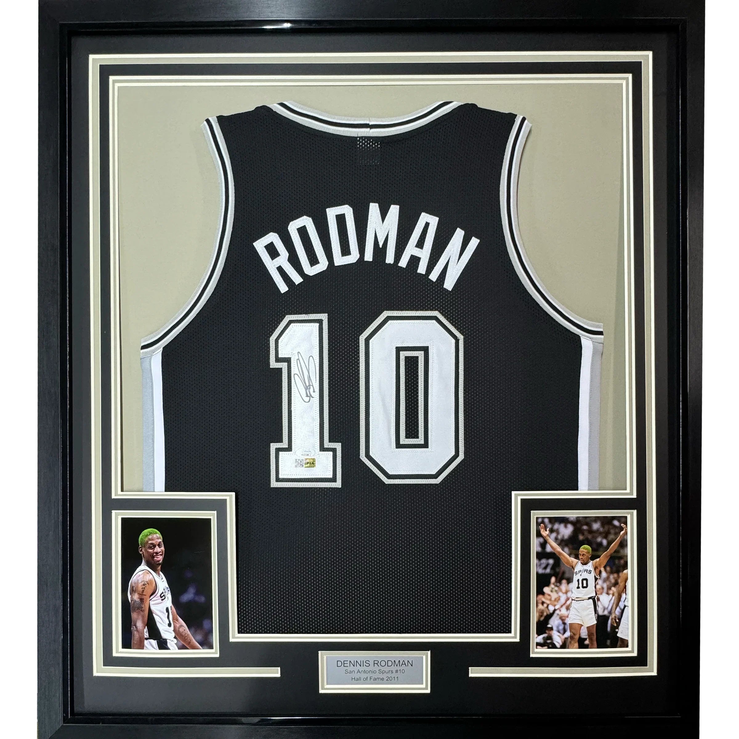 Framed Autographed/Signed Dennis Rodman 35x39 San Antonio Black Basketball Jersey PSA/DNA COA