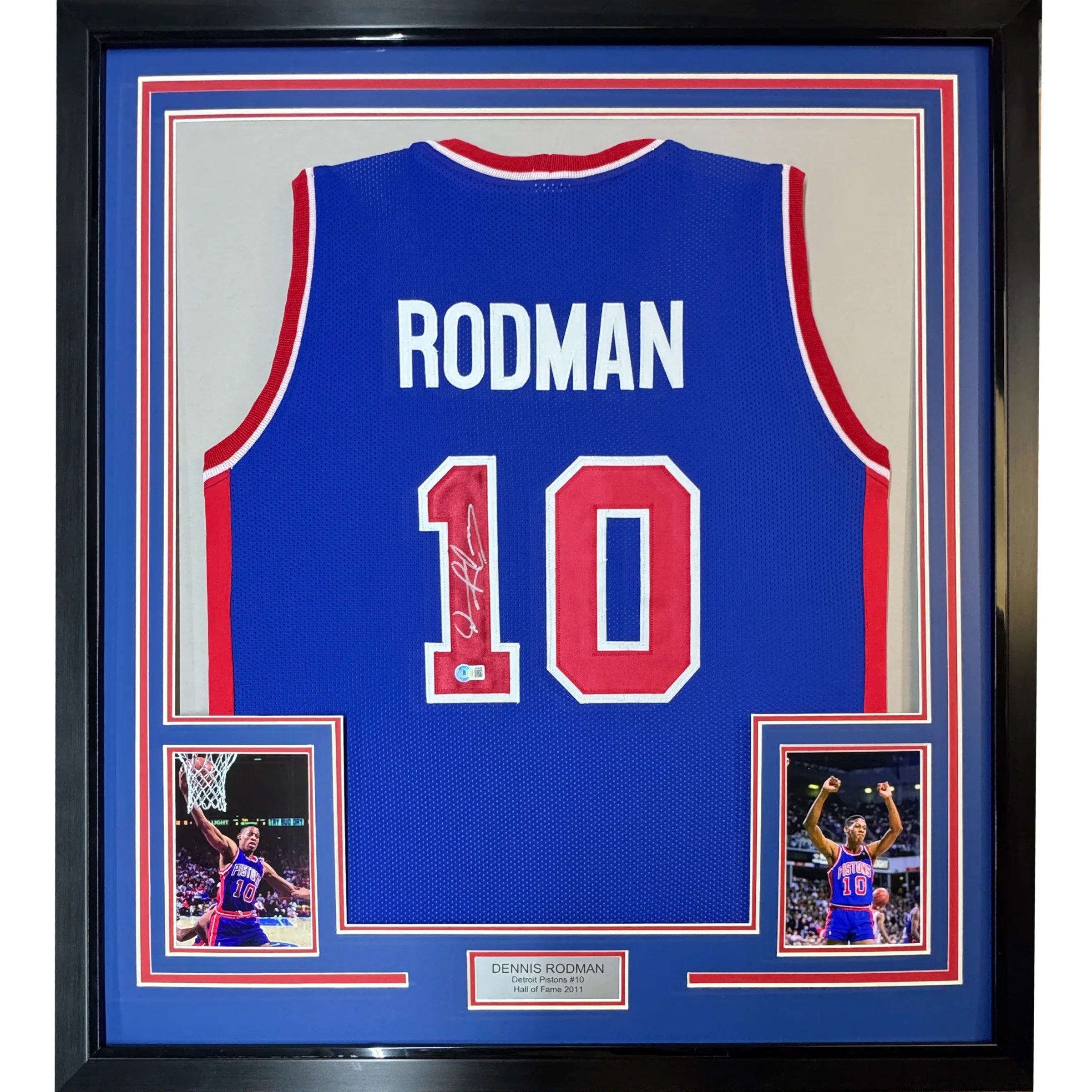 Framed Autographed/Signed Dennis Rodman 35x39 Detroit Blue Basketball Jersey Beckett BAS COA