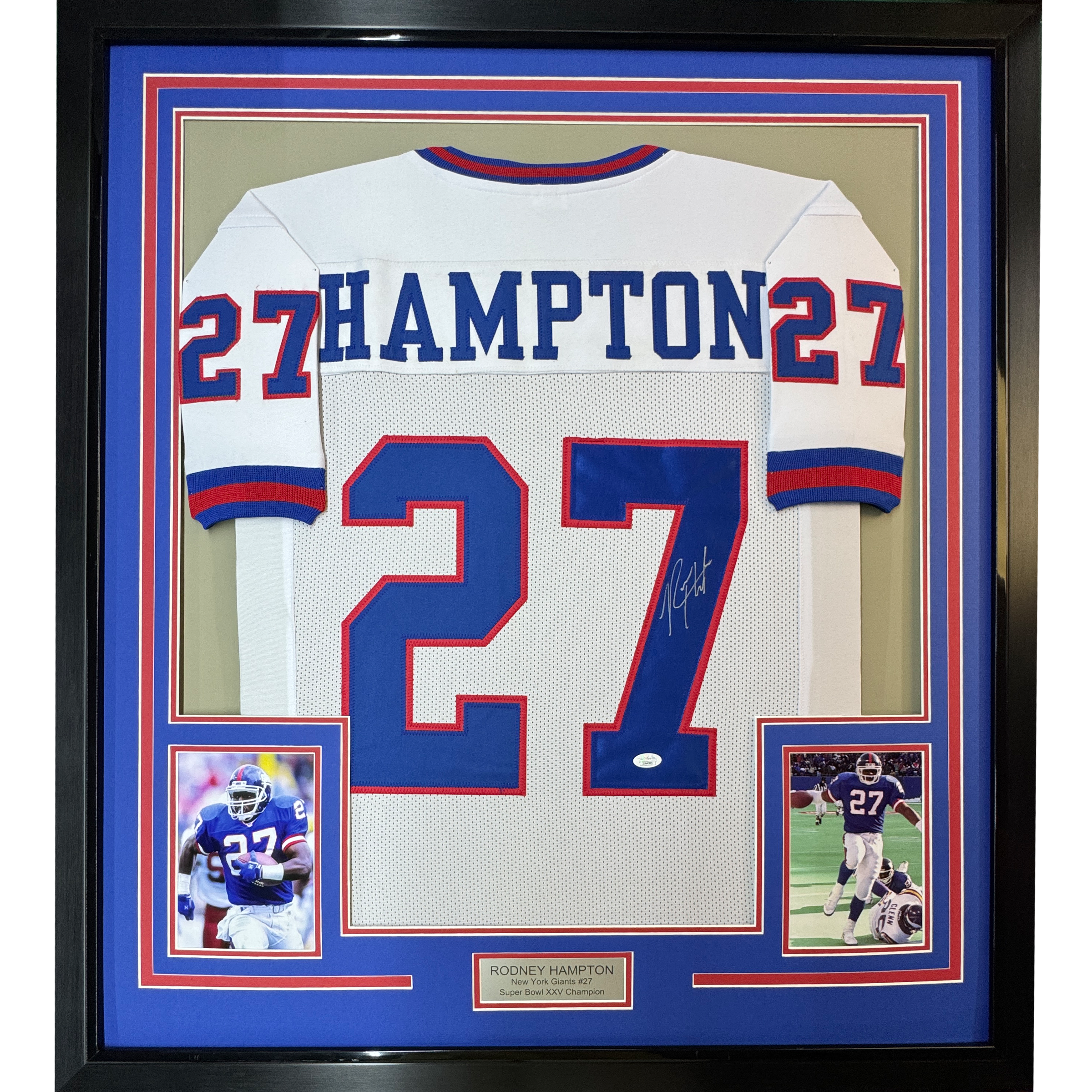 Framed Autographed/Signed Rodney Hampton 35x39 New York White Football Jersey JSA COA
