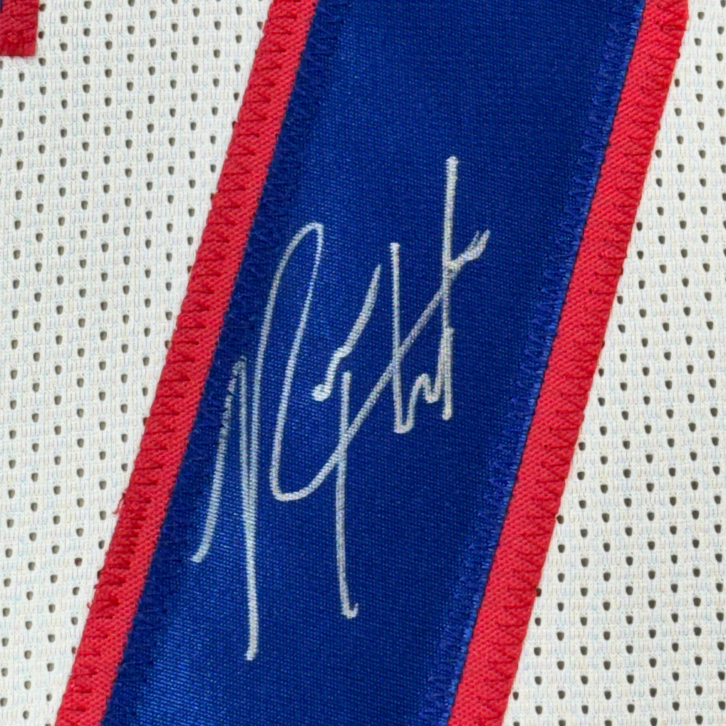 Framed Autographed/Signed Rodney Hampton 35x39 New York White Football Jersey JSA COA