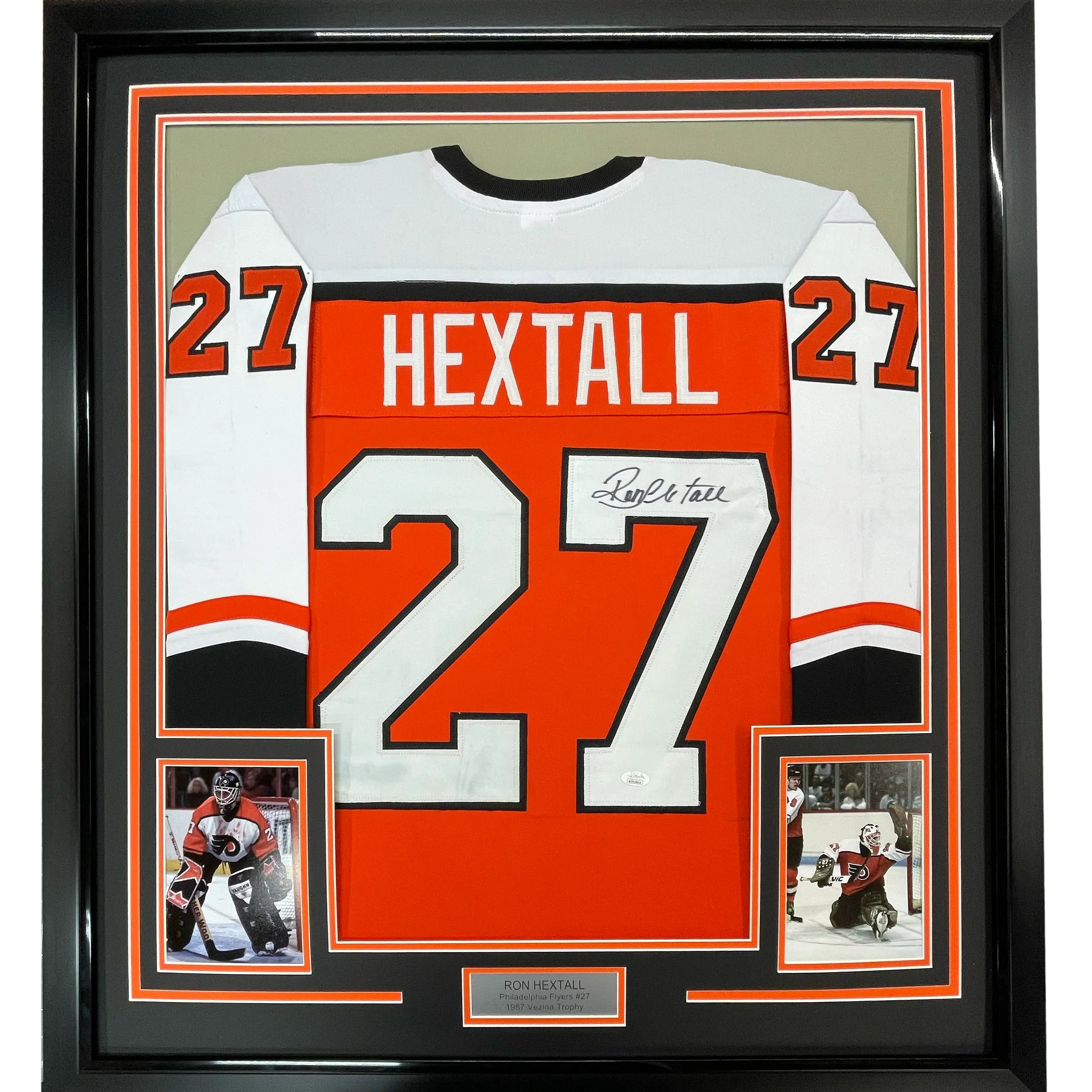 Framed Autographed/Signed Ron Hextall 35x39 Philadelphia Orange Hockey Jersey JSA COA