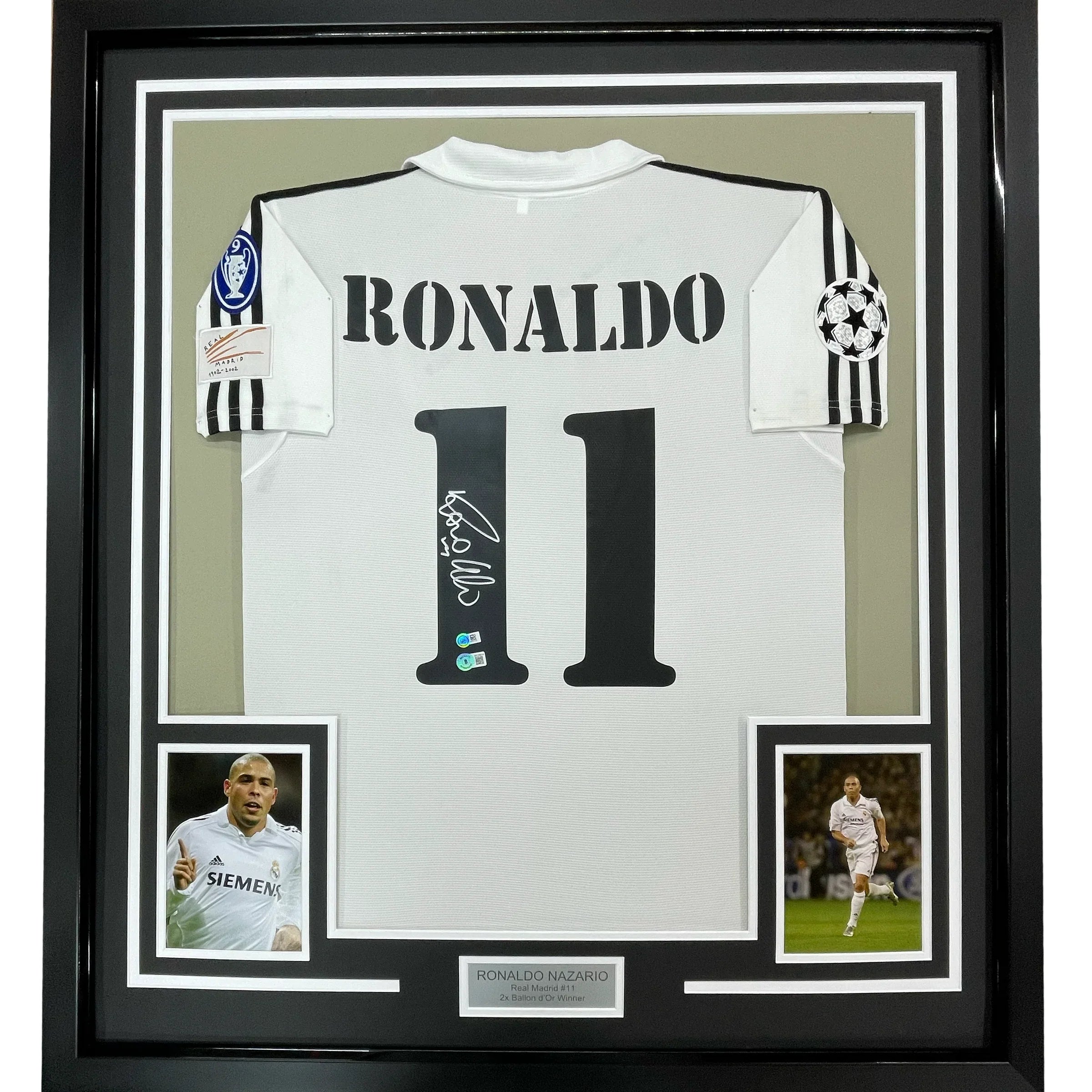 Framed Autographed/Signed Ronaldo Nazario 35x39 Real Madrid White Soccer Jersey Beckett BAS COA