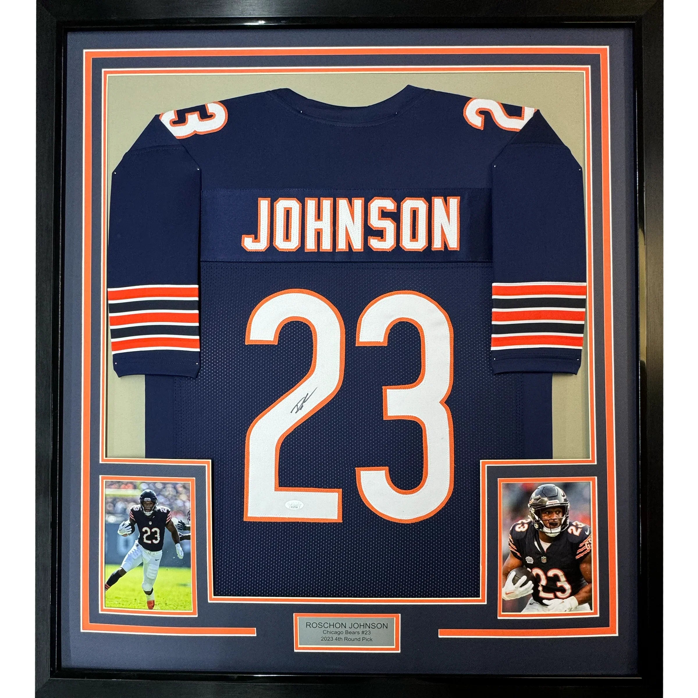 Framed Autographed/Signed Roschon Johnson 35x39 Chicago Blue Football Jersey JSA COA