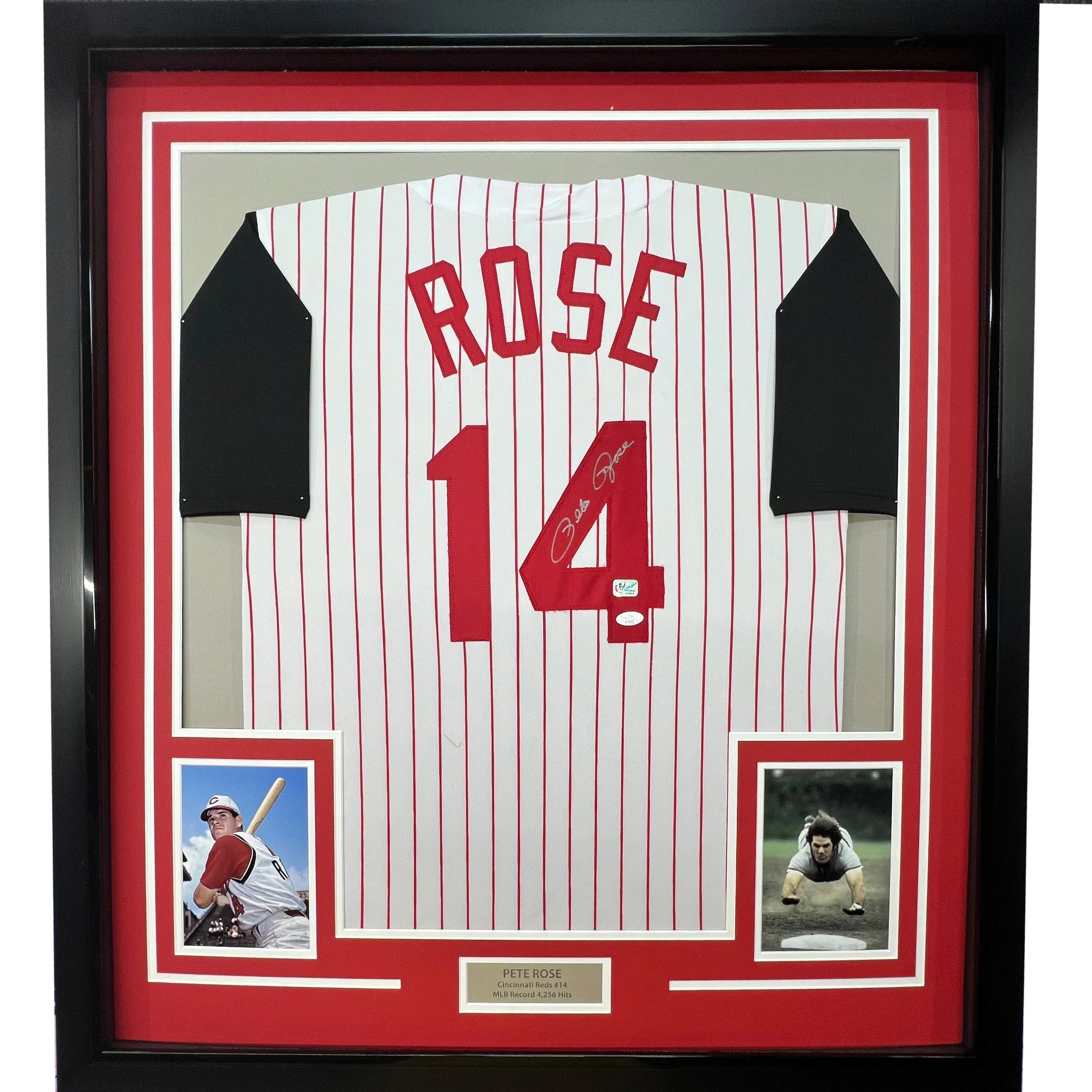 Framed Autographed/Signed Pete Rose 35x39 Cincinnati Pinstripe Baseball Jersey JSA COA