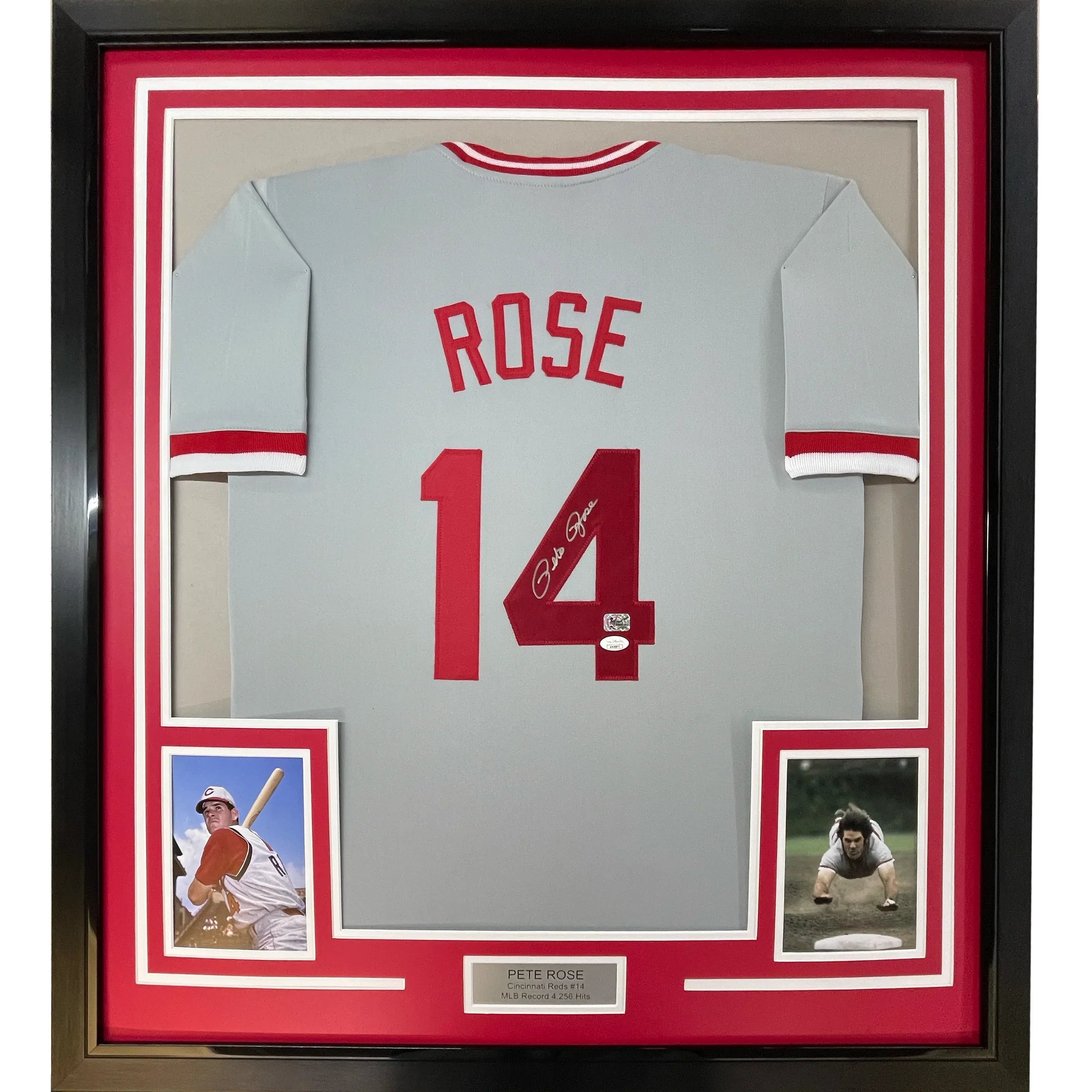 Framed Autographed/Signed Pete Rose 35x39 Cincinnati Grey Baseball Jersey JSA COA