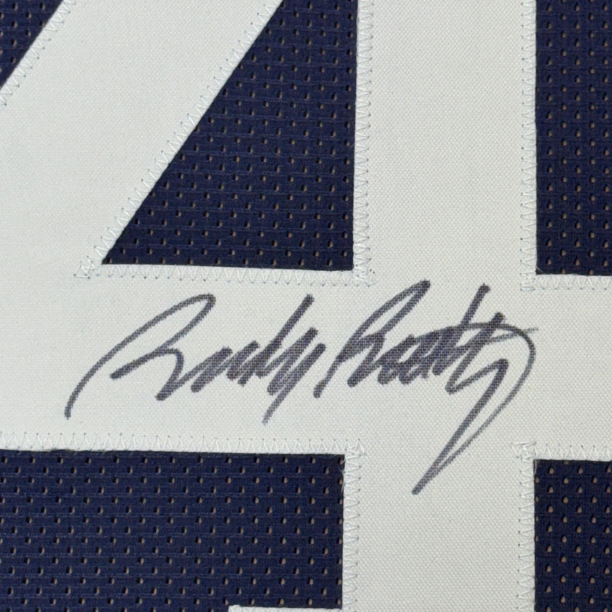 Framed Autographed/Signed Rudy Ruettiger 35x39 Never Quit Notre Dame Blue College Football Jersey JSA COA