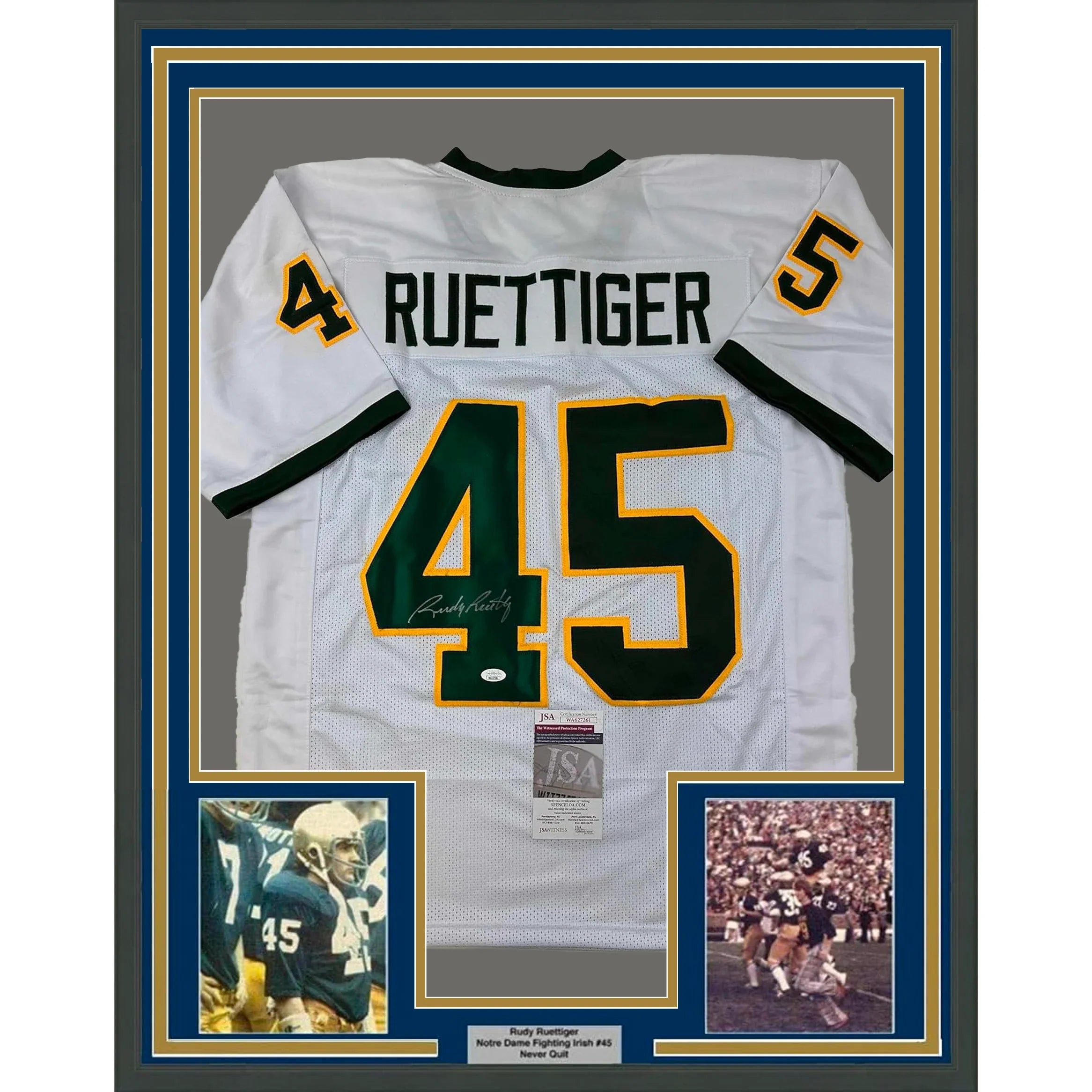 Framed Autographed/Signed Rudy Ruettiger 35x39 Notre Dame White/Green College Football Jersey JSA COA