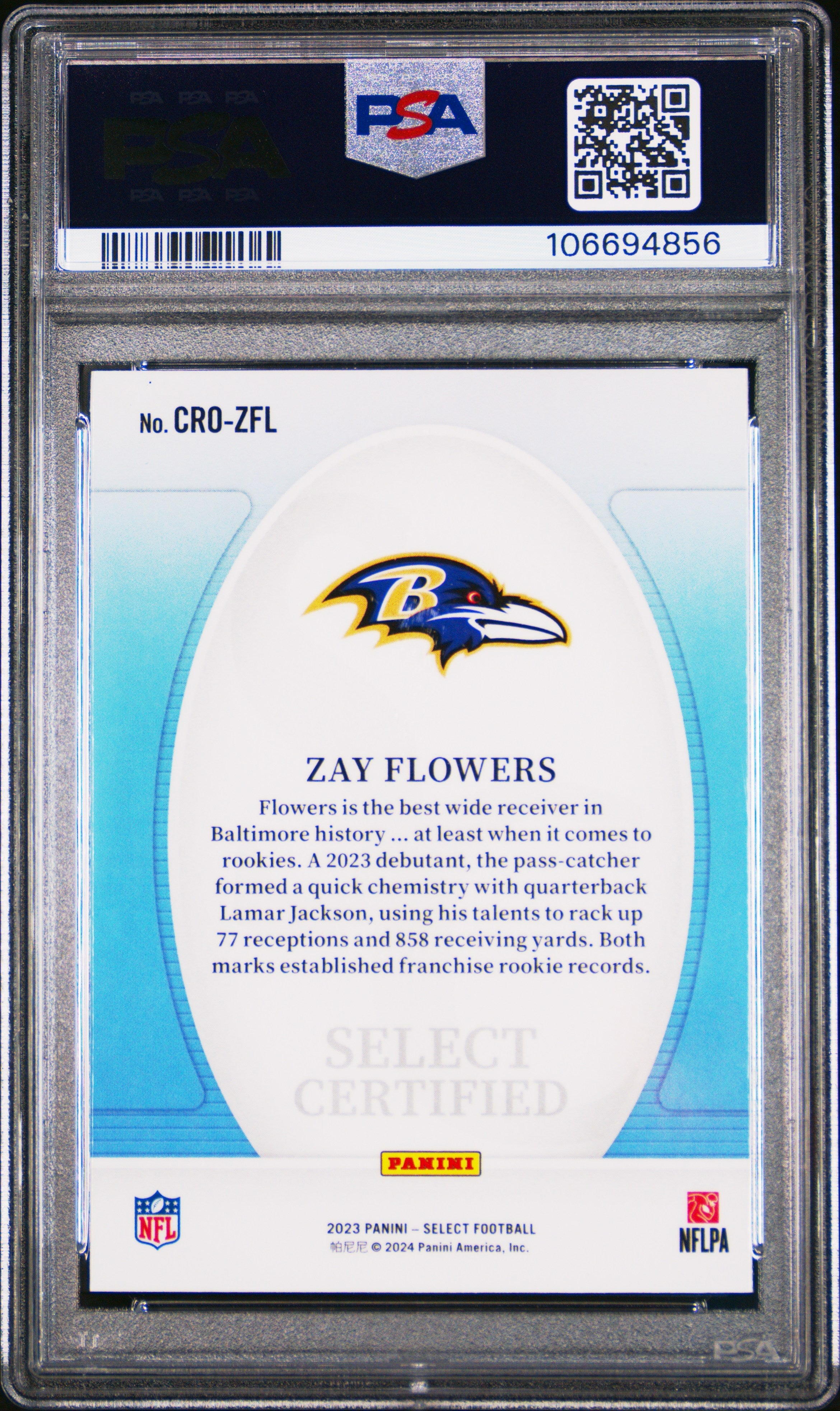 Graded 2023 Panini Select Zay Flowers #CROZFL Certified Rookies Rookie RC Football Card PSA 10 Gem Mint