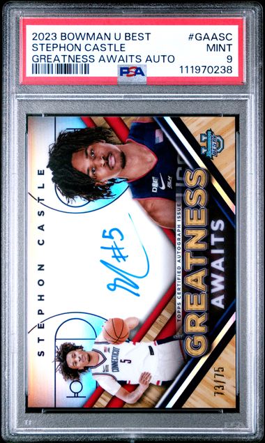 Graded 2023 Bowman U Best Greatness Awaits Auto Stephon Castle #GAASC /75 Rookie RC Basketball Card PSA 9 Mint