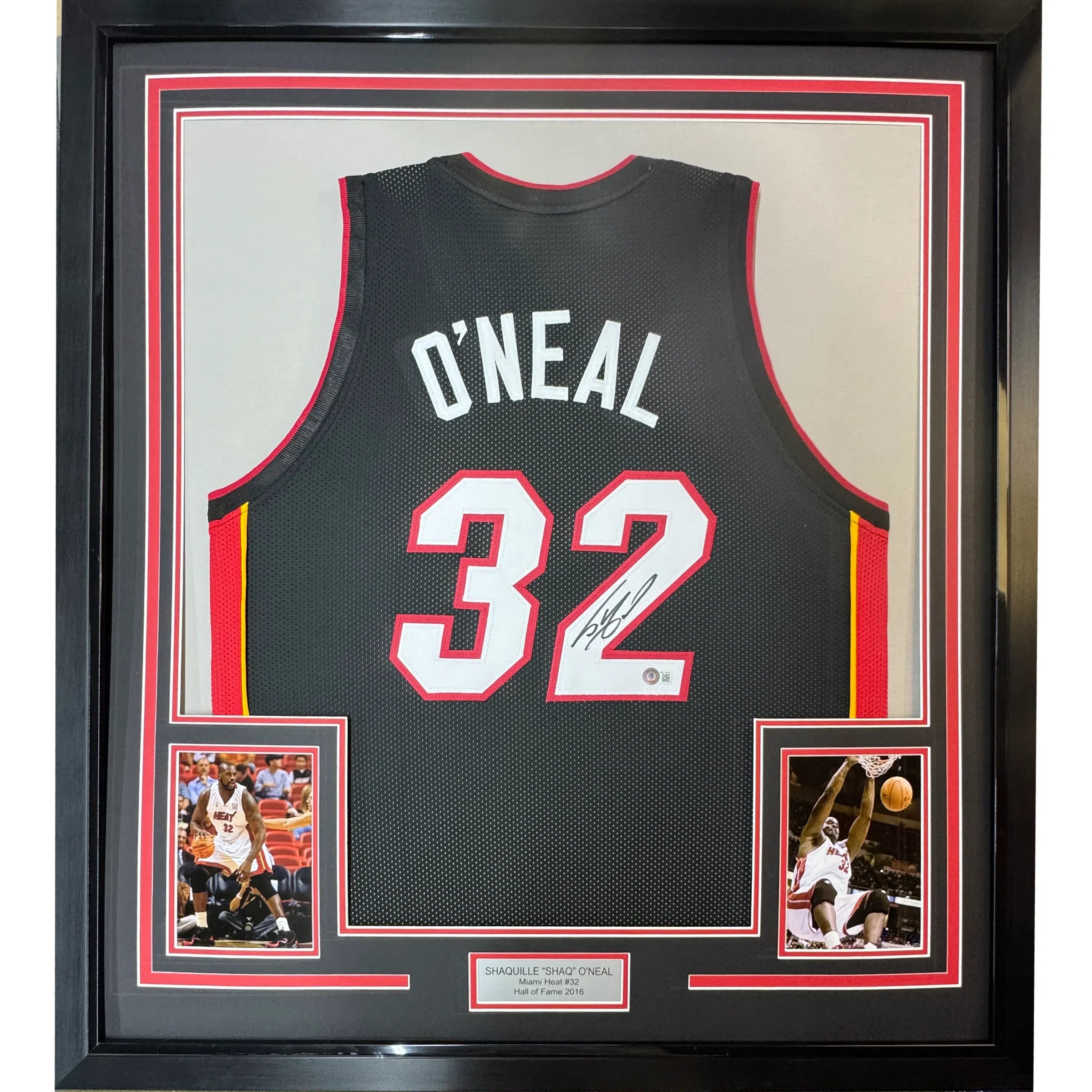 Framed Autographed/Signed Shaquille Shaq O'Neal 35x39 Miami Black Basketball Jersey Beckett BAS COA