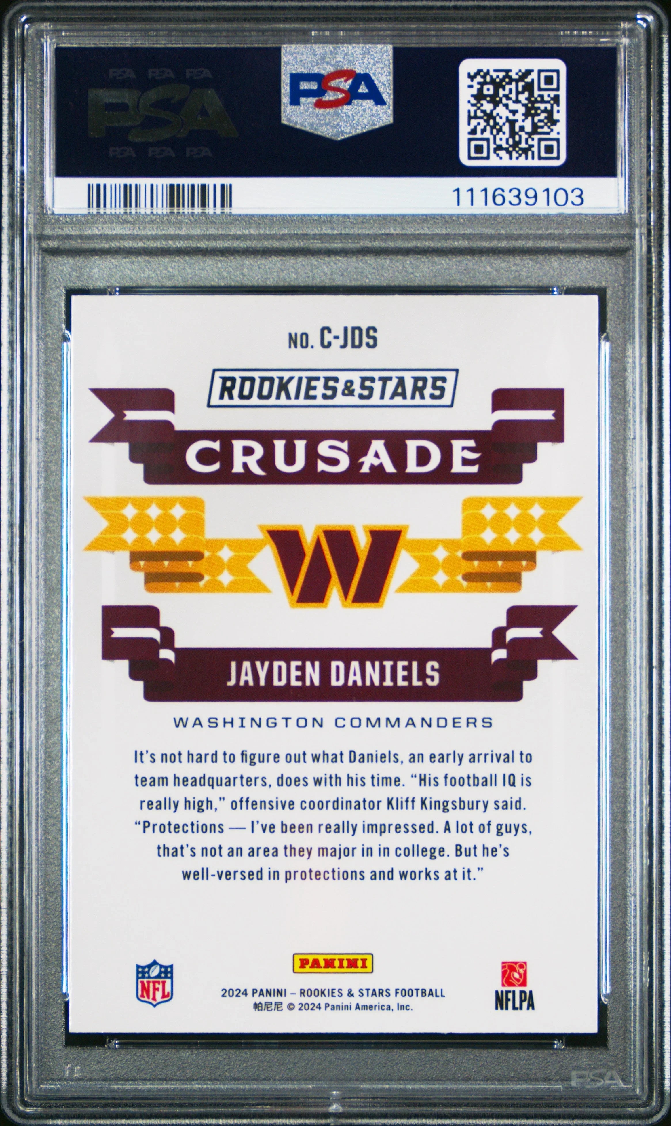 Graded 2024 Panini Rookies & Stars Jayden Daniels #CJDS Crusdade Rookie RC Football Card PSA 10 Gem Mint