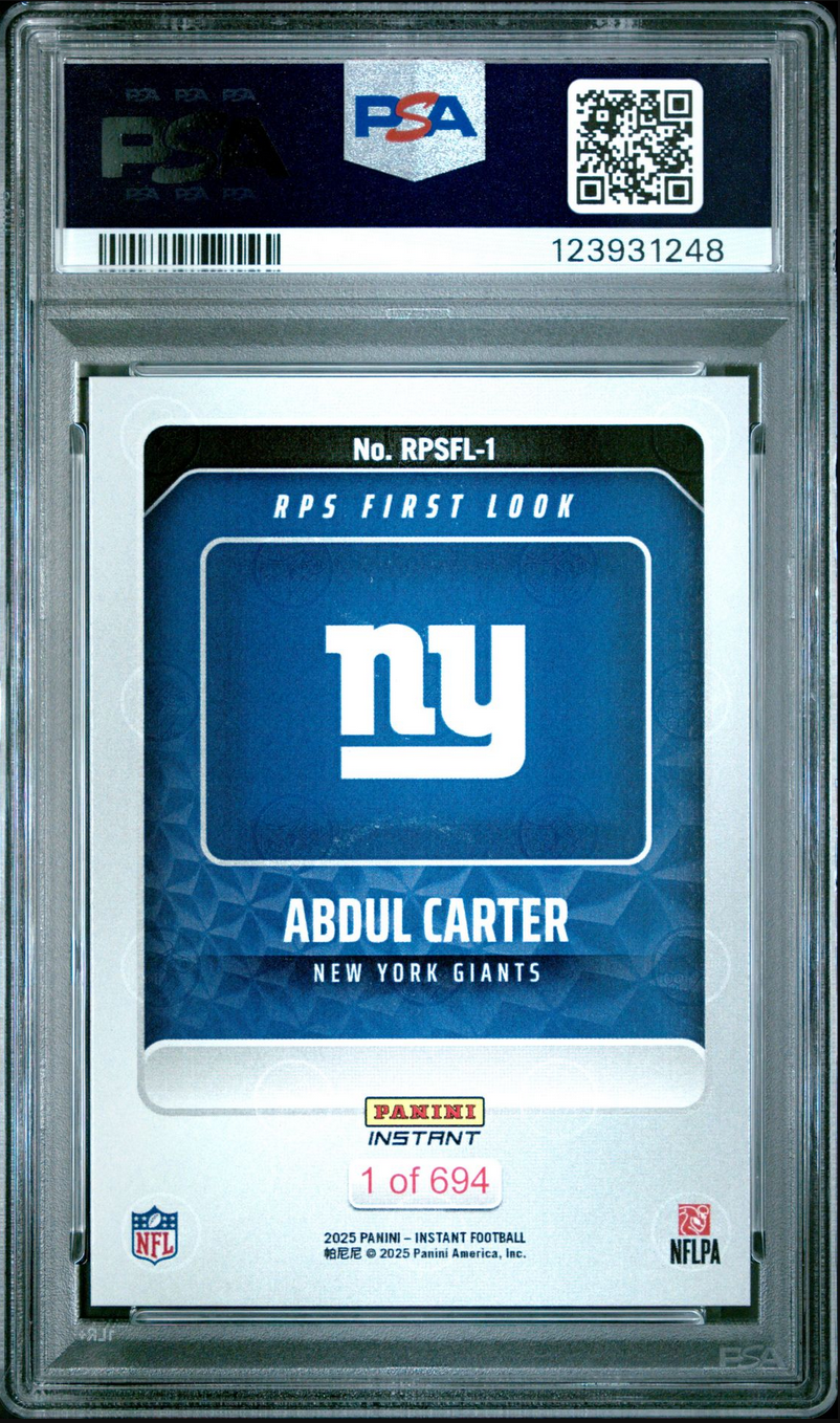 Graded 2025 Panini Instant Abdul Carter #RPSFL1 RPS First Look Rookie RC Football Card PSA 9 Mint