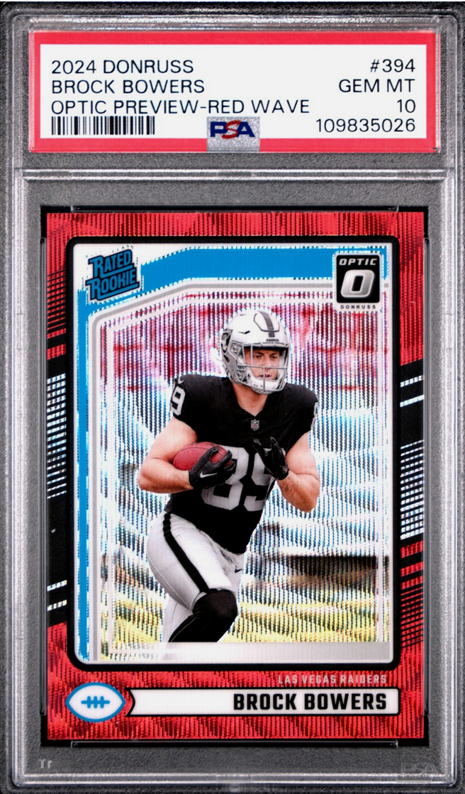 Graded 2024 Panini Donruss Brock Bowers #394 Optic Preview Red Wave Rookie RC Football Card PSA 10 Gem Mint