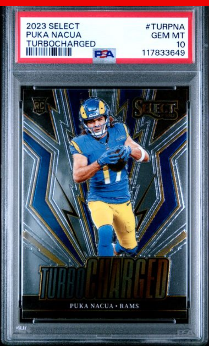 Graded 2023 Panini Select Puka Nacua #TURPNA Turbocharged Rookie RC Football Card PSA 10 Gem Mint