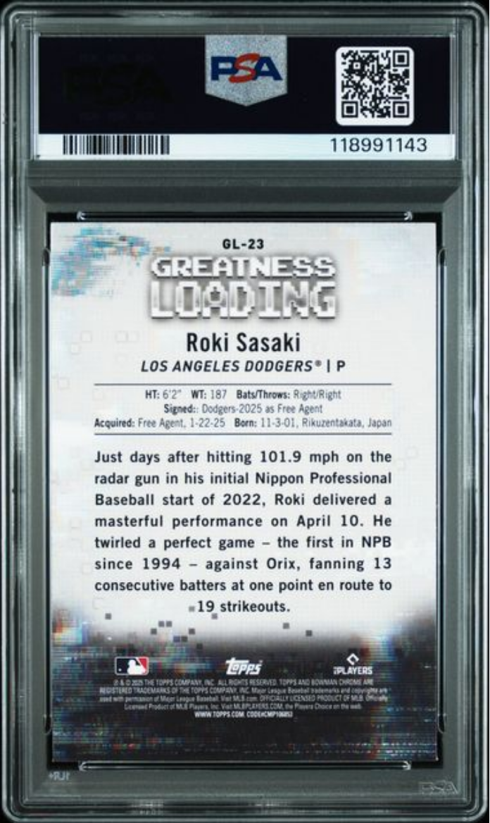 Graded 2025 Topps Bowman Roki Sasaki #GL23 Greatness Loading Rookie RC Baseball Card PSA 10 Gem Mint