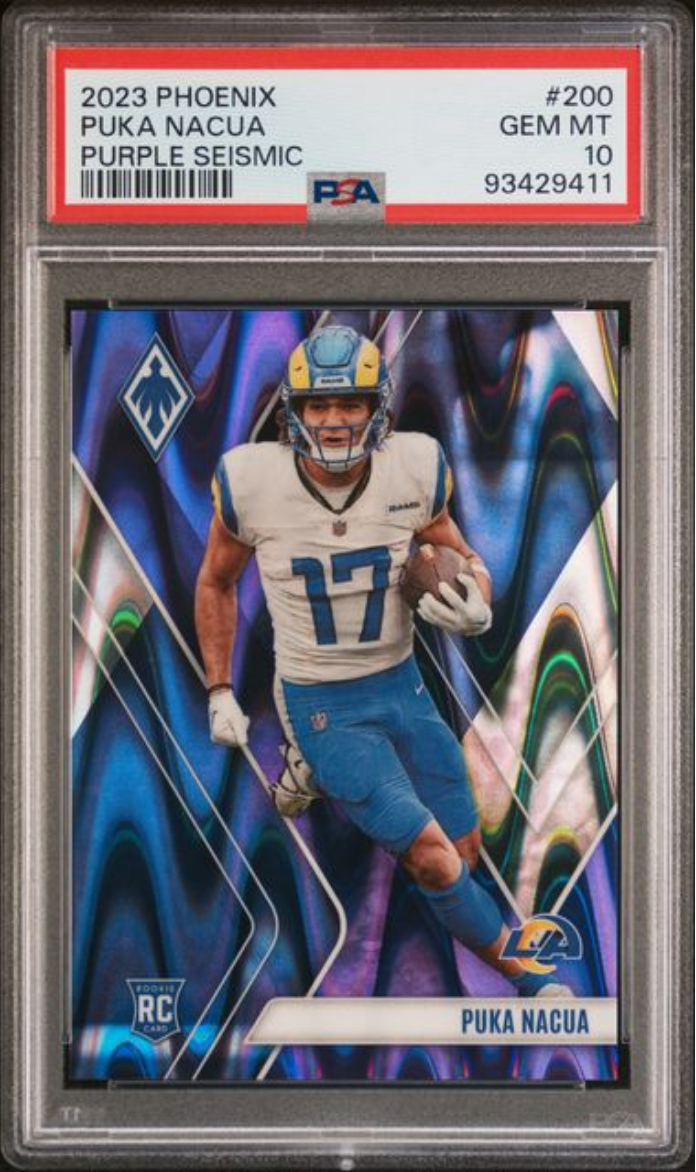 Graded 2023 Panini Phoenix Puka Nacua #200 Purple Seismic /125 Rookie RC Football Card PSA 10 Gem Mint