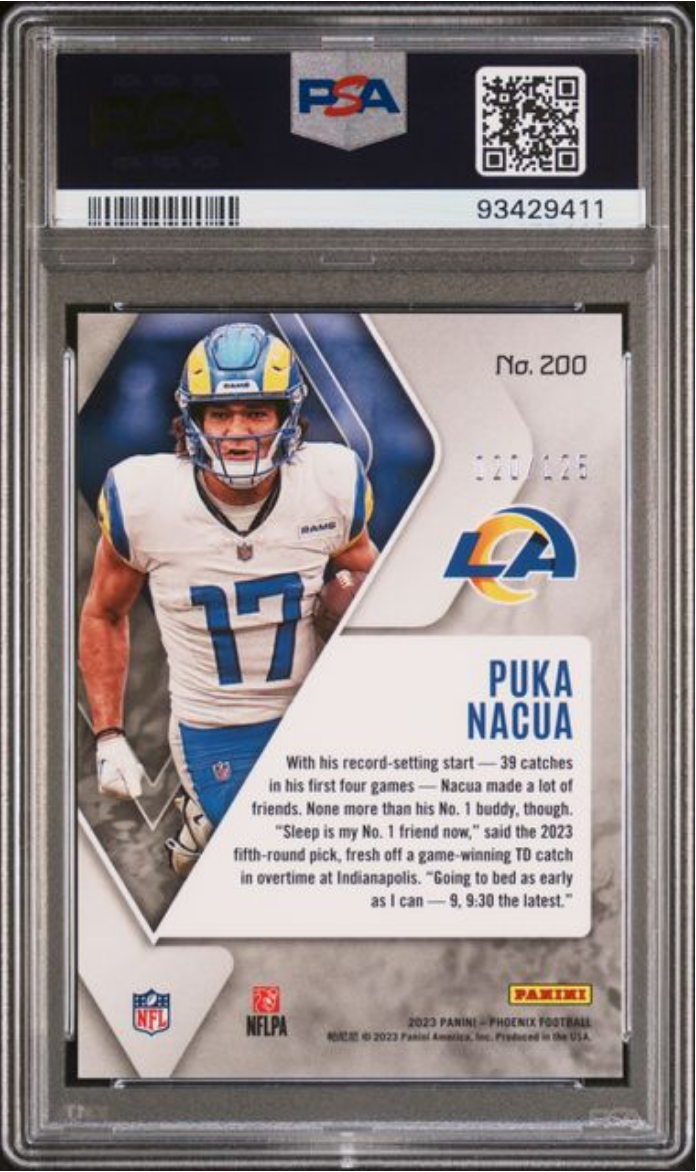 Graded 2023 Panini Phoenix Puka Nacua #200 Purple Seismic /125 Rookie RC Football Card PSA 10 Gem Mint