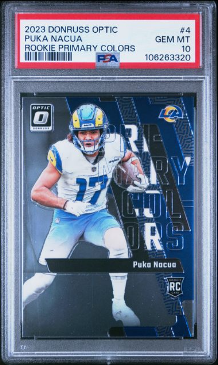 Graded 2023 Panini Donruss Optic Puka Nacua #4 Rookie Primary Colors Rookie RC Football Card PSA 10 Gem Mint