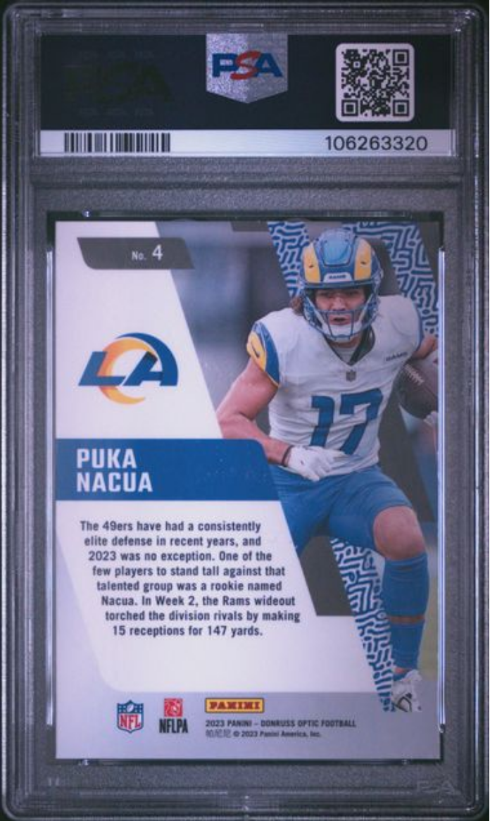 Graded 2023 Panini Donruss Optic Puka Nacua #4 Rookie Primary Colors Rookie RC Football Card PSA 10 Gem Mint