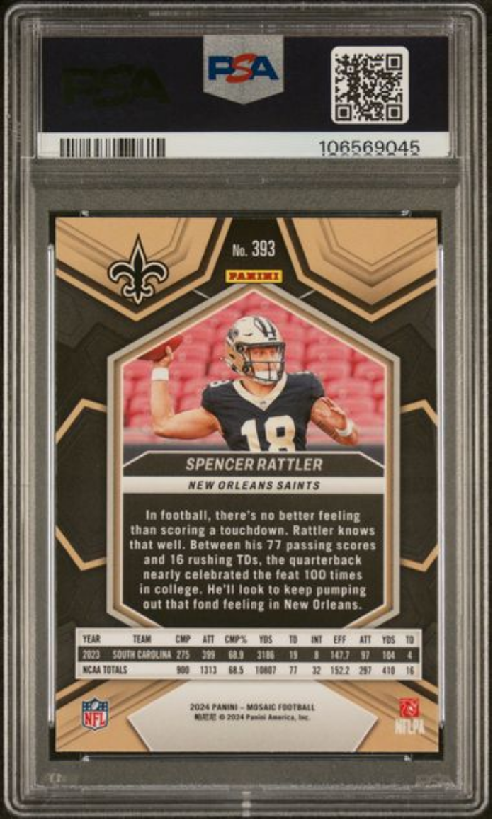 Graded 2024 Panini Mosaic Spencer Rattler #393 Rookie RC Football Card PSA 10 Gem Mint