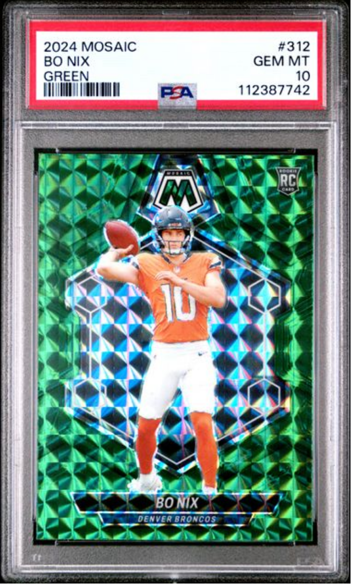 Graded 2024 Panini Mosaic Bo Nix #312 Green Rookie RC Football Card PSA 10 Gem Mint