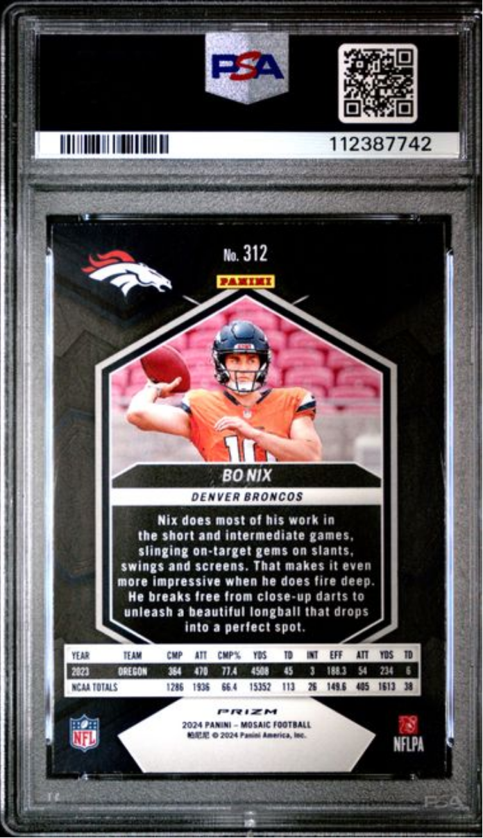 Graded 2024 Panini Mosaic Bo Nix #312 Green Rookie RC Football Card PSA 10 Gem Mint