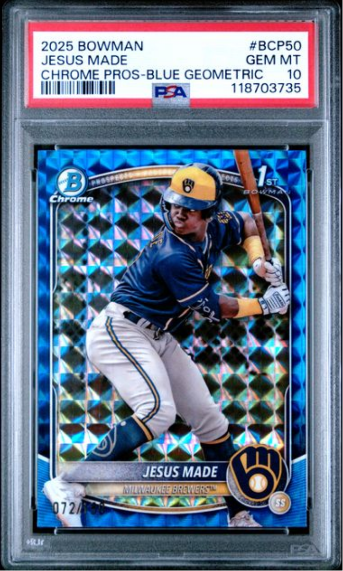 Graded 2025 Topps Bowman Jesus Made #BCP50 Chrome Prospects Blue Geometric /150 Rookie RC Baseball Card PSA 10 Gem Mint