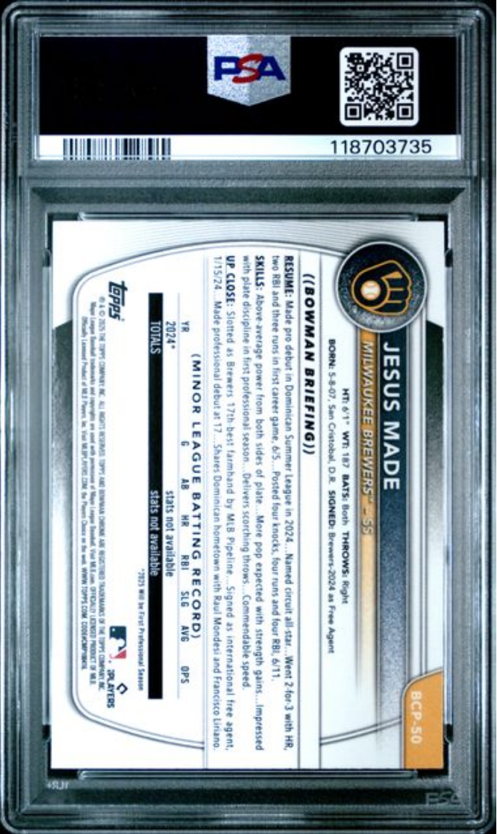 Graded 2025 Topps Bowman Jesus Made #BCP50 Chrome Prospects Blue Geometric /150 Rookie RC Baseball Card PSA 10 Gem Mint