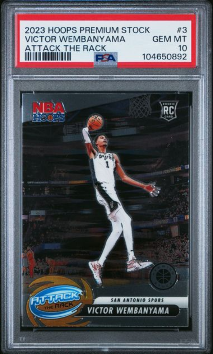 Graded 2023 Panini NBA Hoops Premium Stock Victor Wembanyama #3 Attack The Rack Rookie RC Basketball Card PSA 10 Gem Mint
