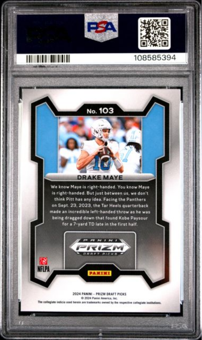 Graded 2024 Panini Prizm Draft Picks Drake Maye #103 Rookie RC Football Card PSA 10 Gem Mint