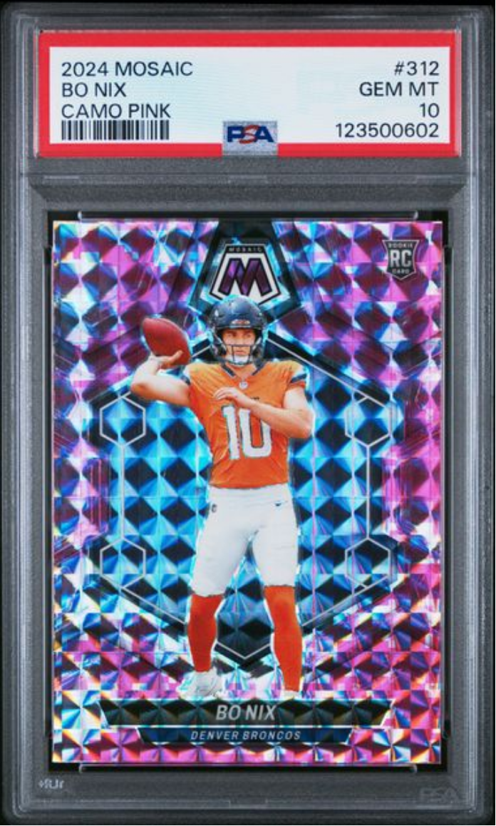 Graded 2024 Panini Mosaic Bo Nix #312 Camo Pink Rookie RC Football Card PSA 10 Gem Mint