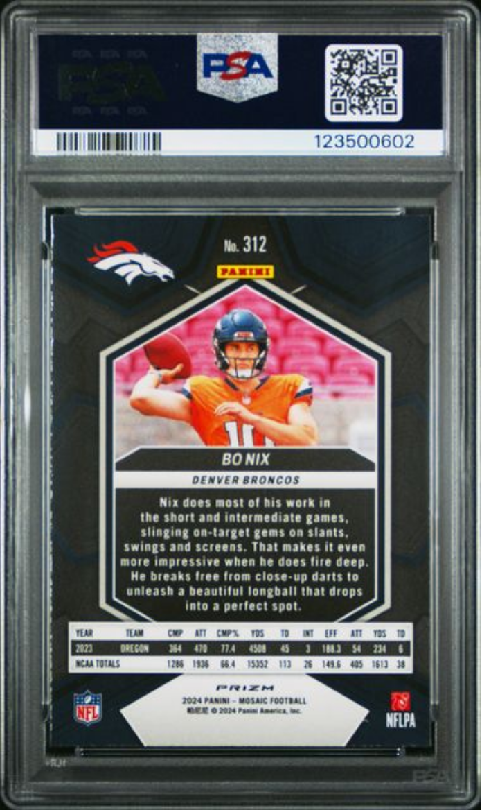 Graded 2024 Panini Mosaic Bo Nix #312 Camo Pink Rookie RC Football Card PSA 10 Gem Mint