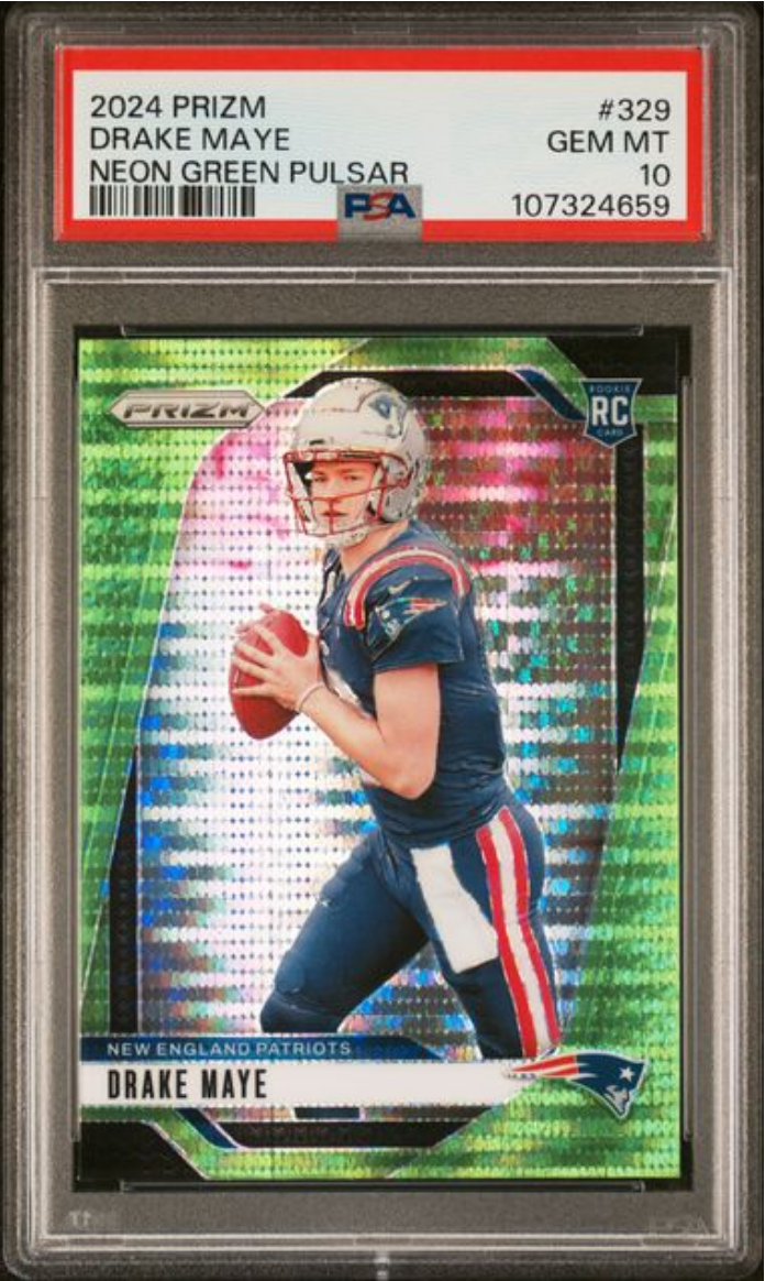 Graded 2024 Panini Prizm Drake Maye #329 Neon Green Pulsar Rookie RC Football Card PSA 10 Gem Mint