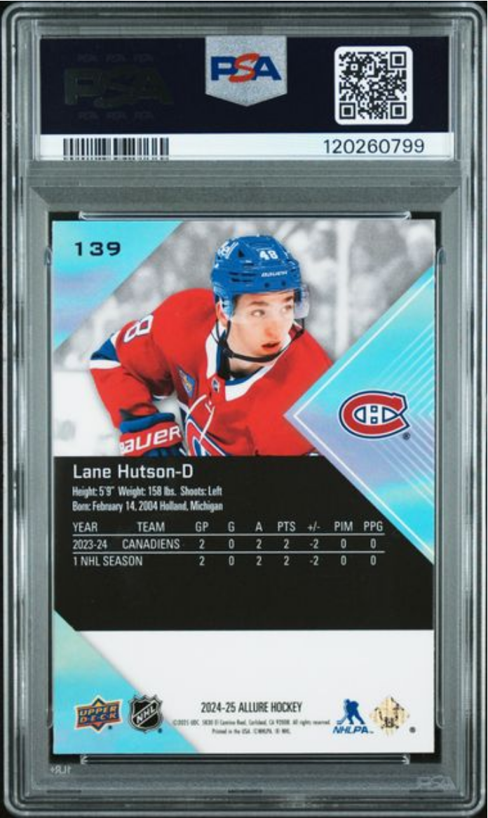 Graded 2024 Upper Deck Allure Lane Hutson #139 Rookie RC Hockey Card PSA 10 Gem Mint