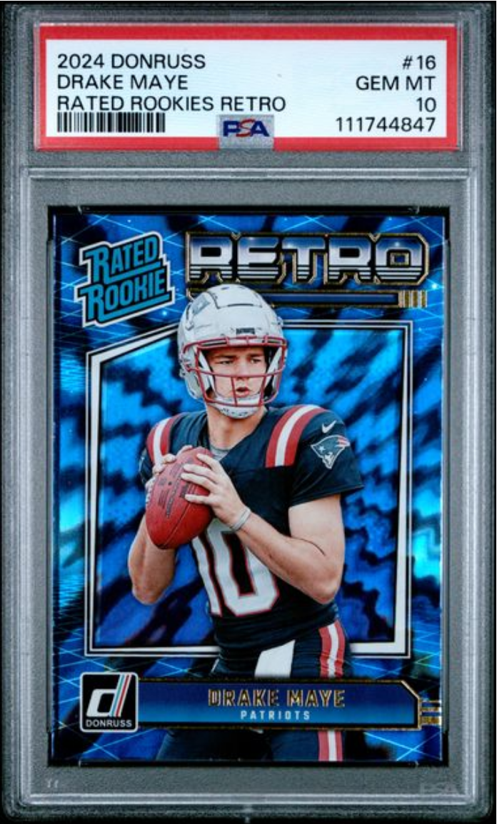 Graded 2024 Panini Donruss Drake Maye #16 Rated Rookies Retro Rookie RC Football Card PSA 10 Gem Mint