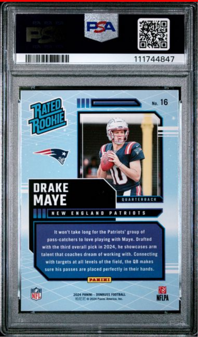 Graded 2024 Panini Donruss Drake Maye #16 Rated Rookies Retro Rookie RC Football Card PSA 10 Gem Mint