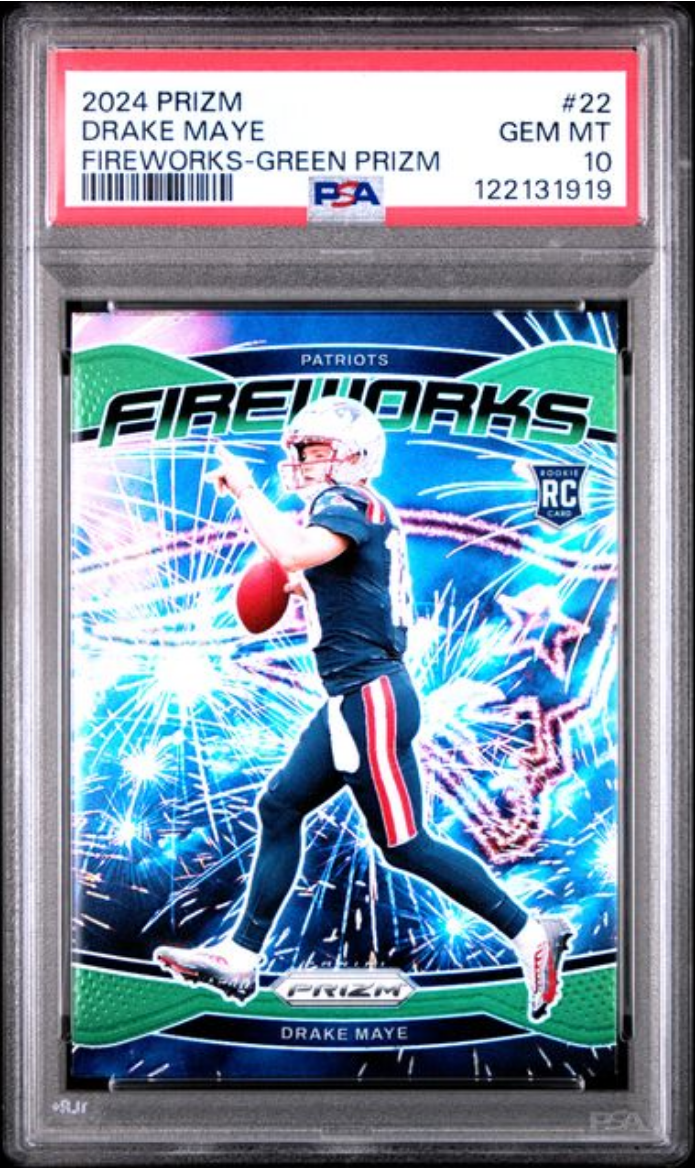 Graded 2024 Panini Prizm Drake Maye #22 Fireworks Green Prizm Rookie RC Football Card PSA 10 Gem Mint