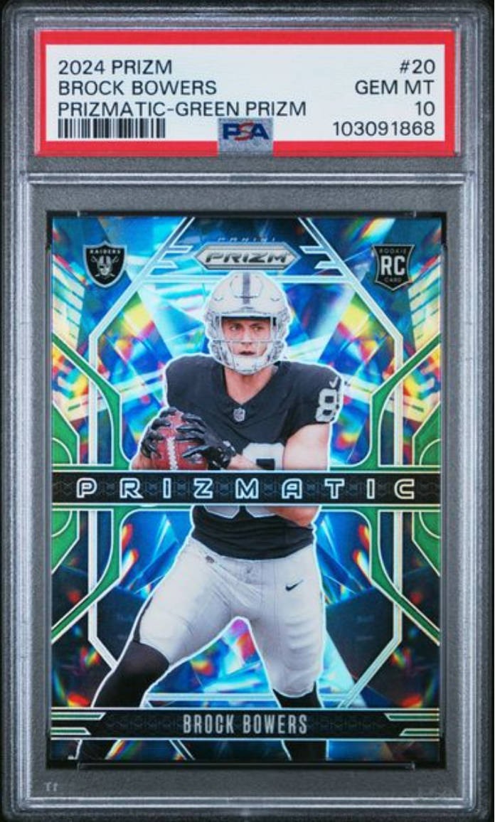 Graded 2024 Panini Prizm Brock Bowers #20 Prizmatic Green Prizm Rookie RC Football Card PSA 10 Gem Mint