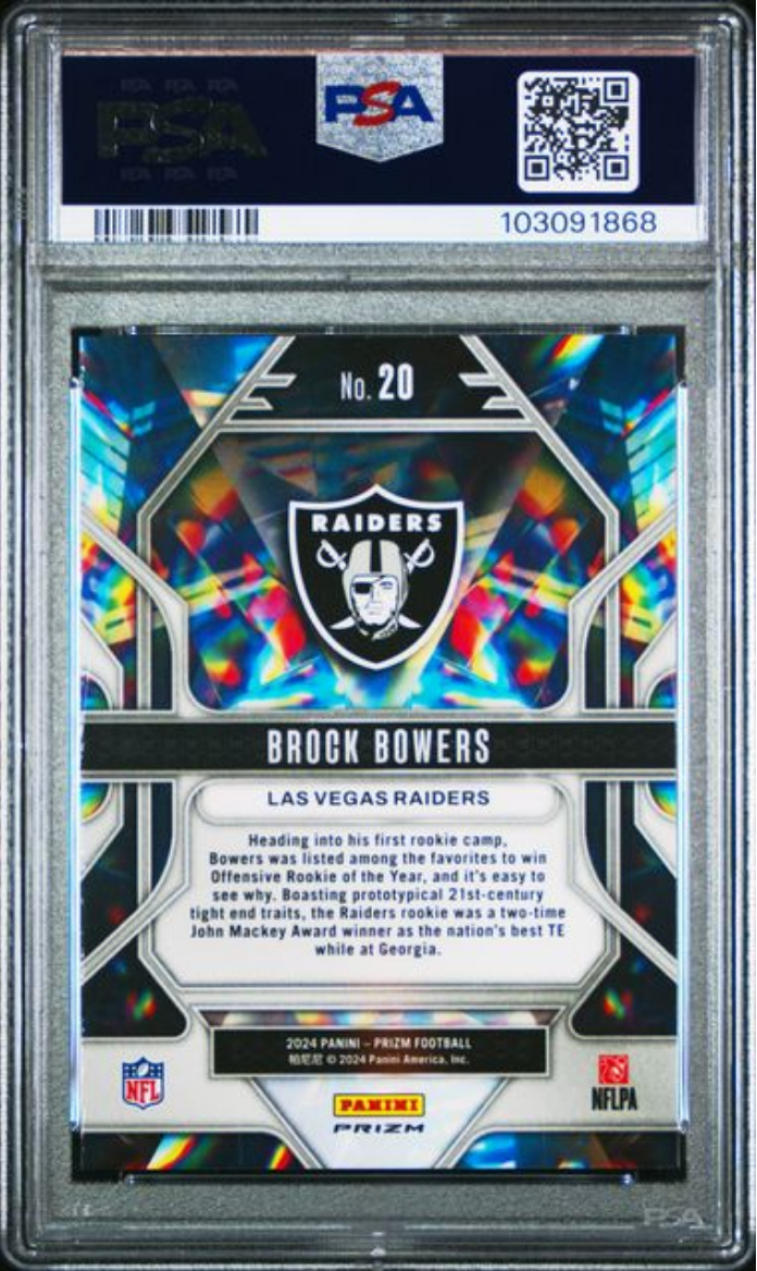 Graded 2024 Panini Prizm Brock Bowers #20 Prizmatic Green Prizm Rookie RC Football Card PSA 10 Gem Mint