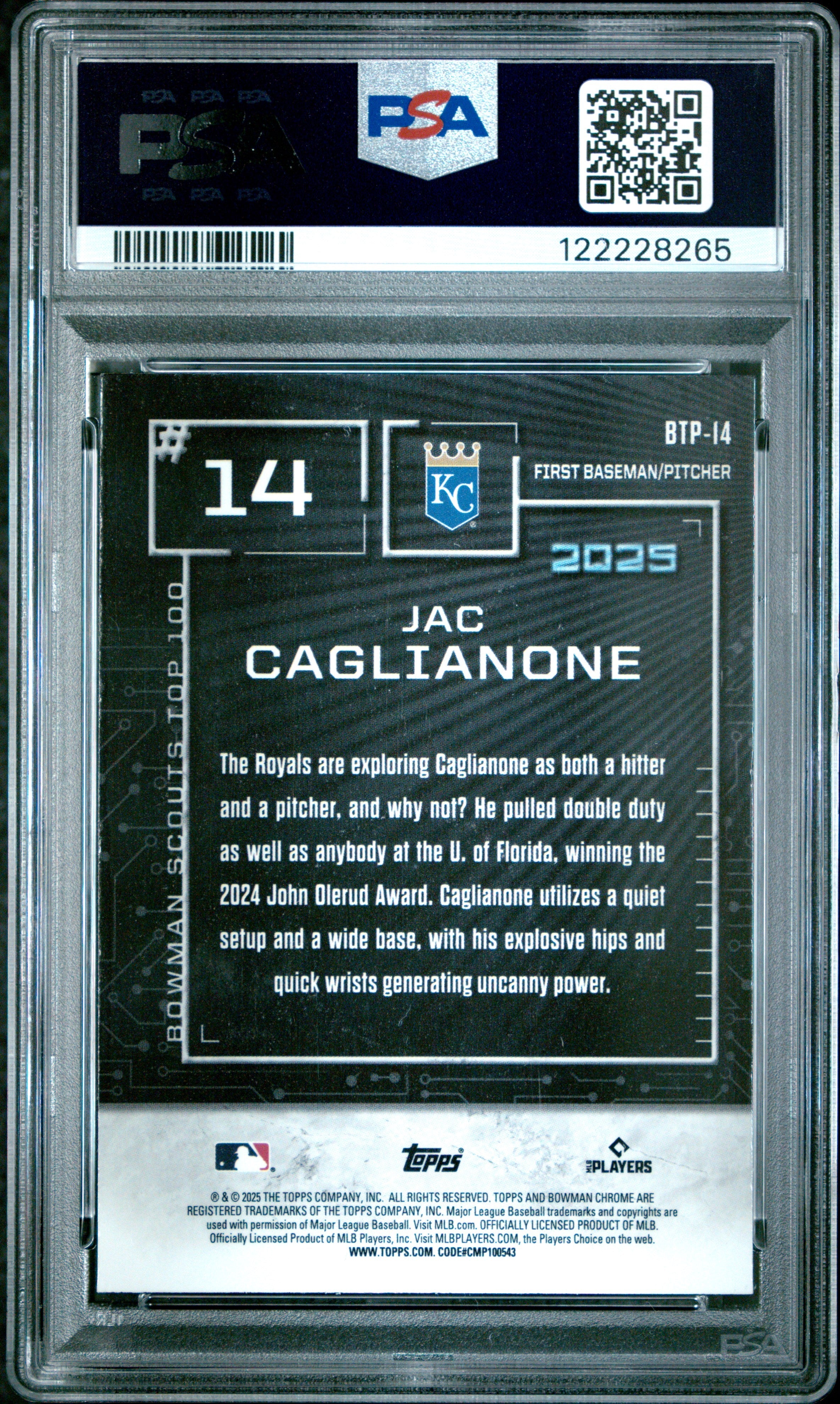 Graded 2025 Topps Bowman Jac Caglianone #BTP14 Scouts Top 100 Rookie RC Baseball Card PSA 8 Near Mint